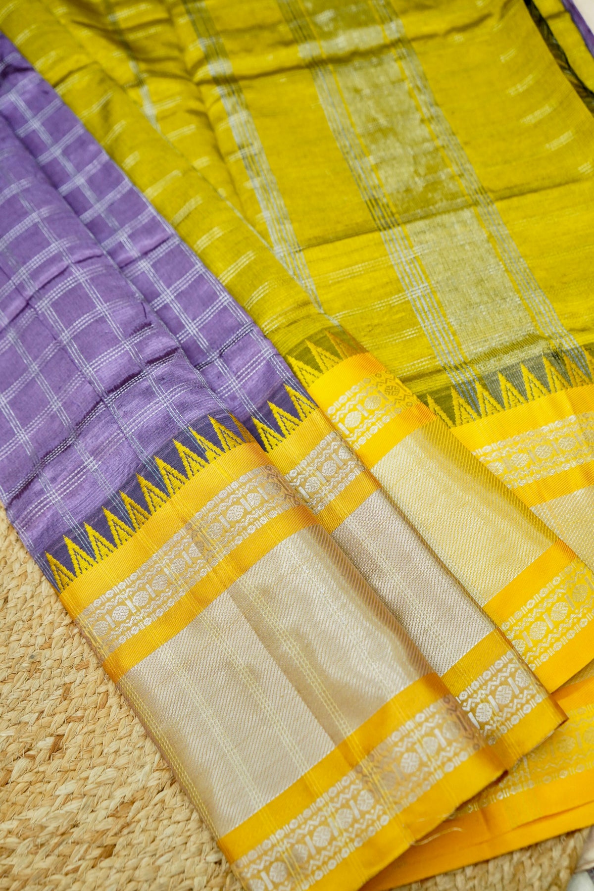 Suvarna - Lavender Purple Gadwal Silk Saree with Mustard Gold Border