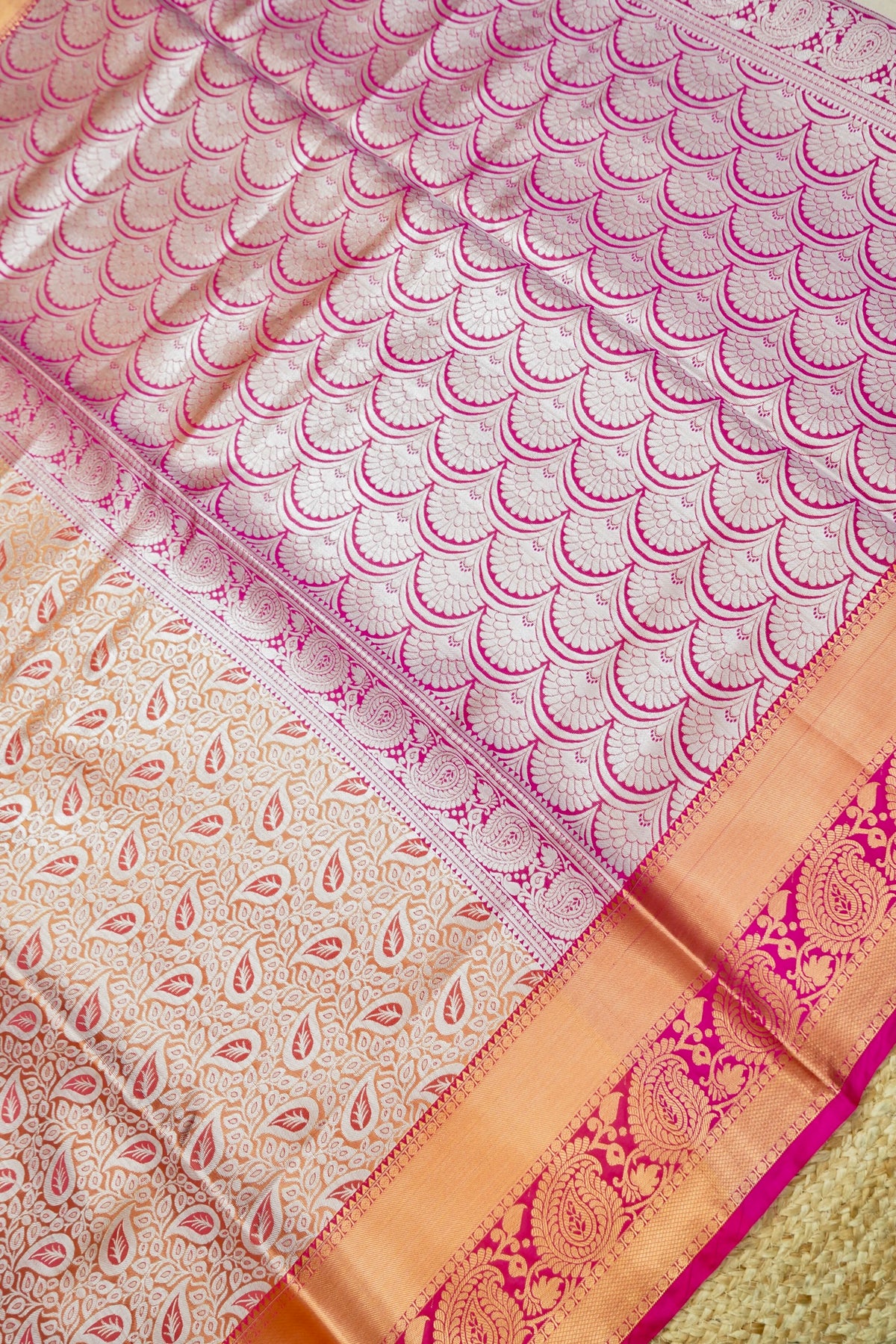 Suvarna – Pure Kanjivaram Silk Saree in Peach Gold and Rani Pink with 1g Gold Zari