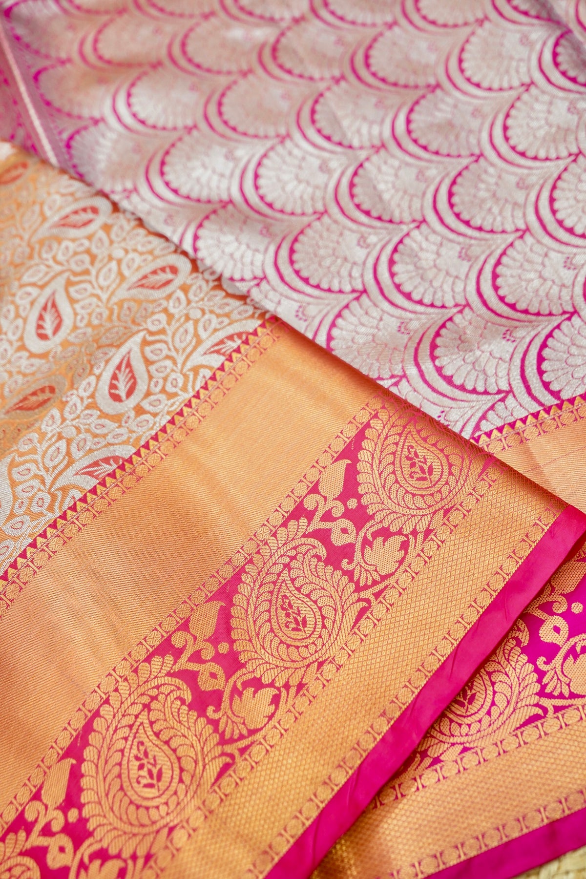 Suvarna – Pure Kanjivaram Silk Saree in Peach Gold and Rani Pink with 1g Gold Zari