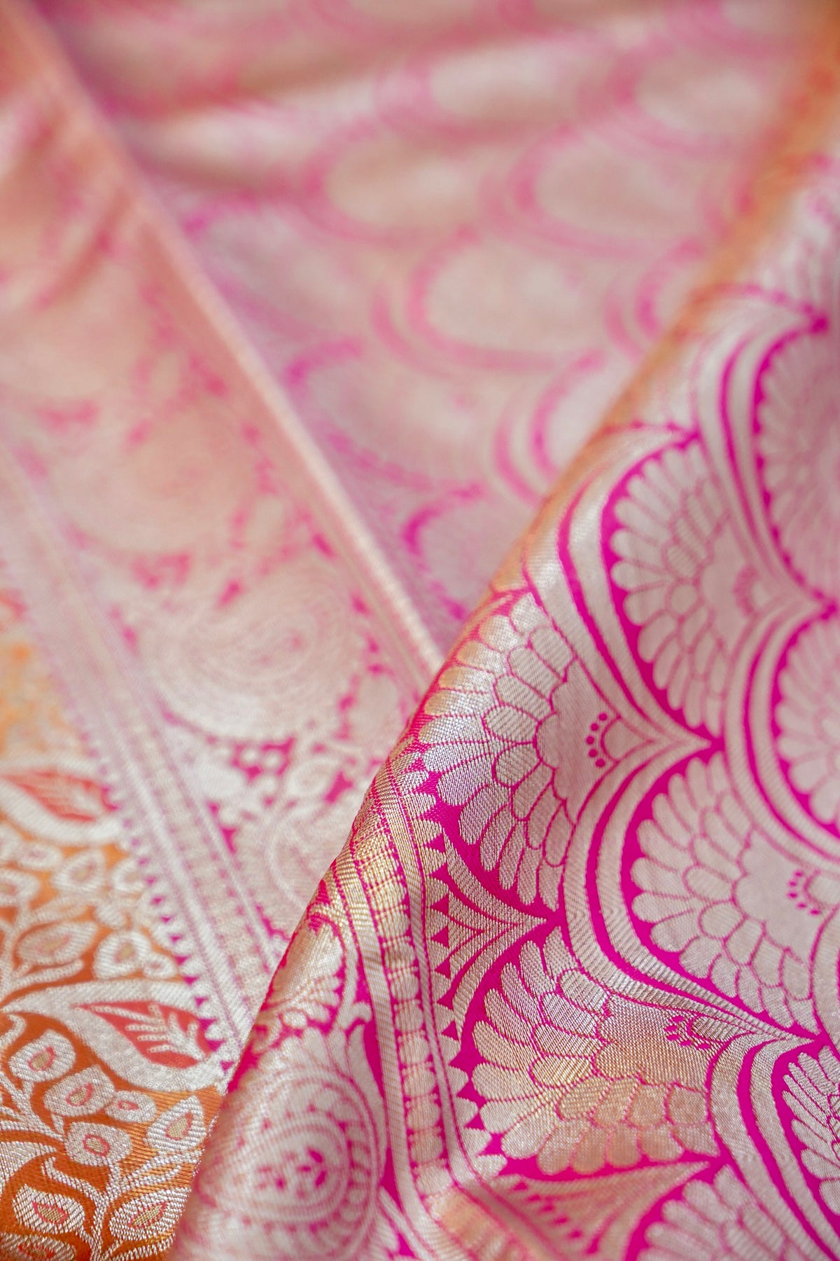 Suvarna – Pure Kanjivaram Silk Saree in Peach Gold and Rani Pink with 1g Gold Zari