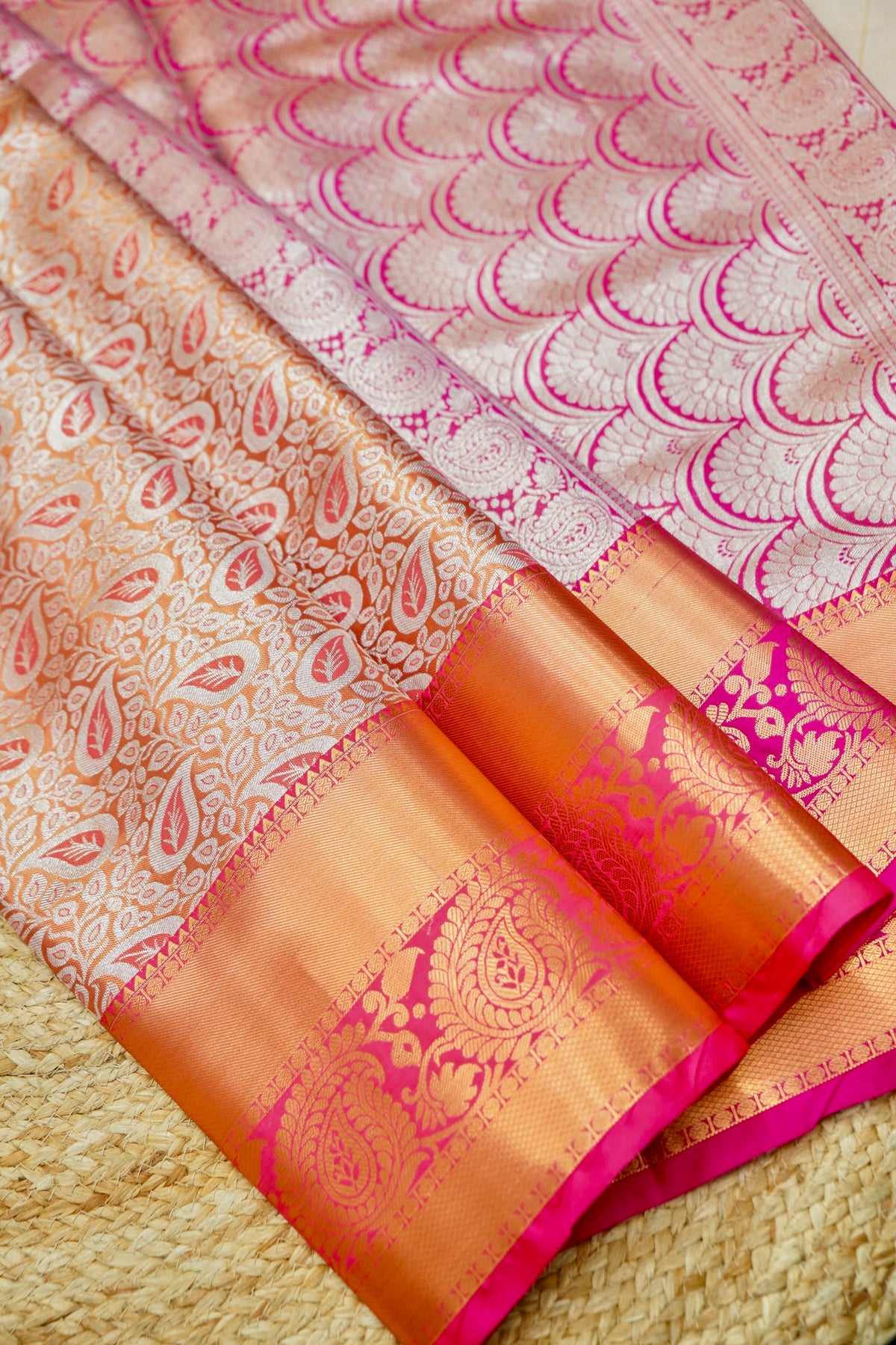 Suvarna – Pure Kanjivaram Silk Saree in Peach Gold and Rani Pink with 1g Gold Zari