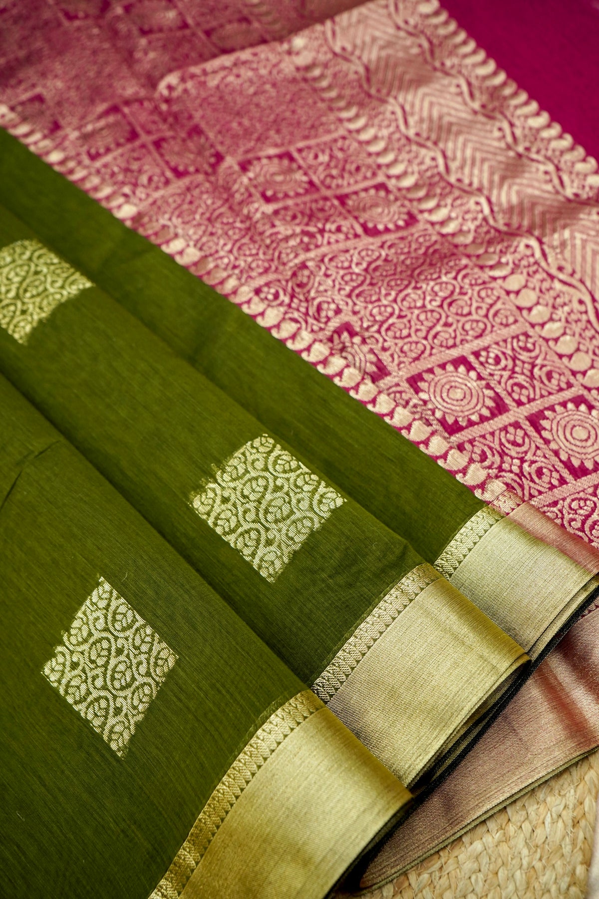 Suvarna - Dark Olive Green Maheshwari Silk Saree with Antique Gold Border