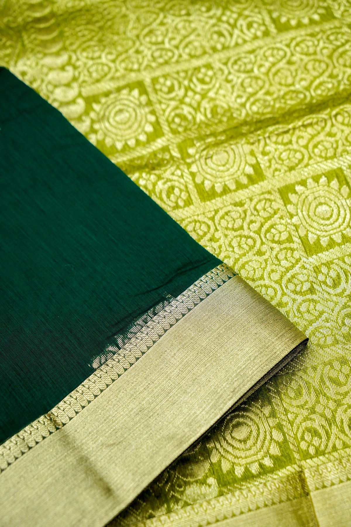 Suvarna - Bottle Green Maheshwari Silk Saree with Antique Gold Border