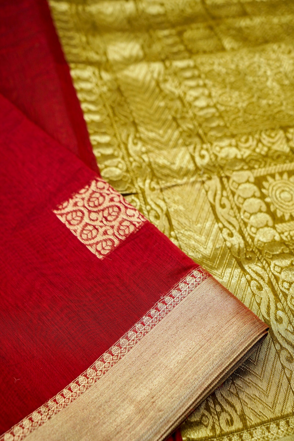 Suvarna - Dark Maroon Red Maheshwari Silk Saree with Antique Gold Border
