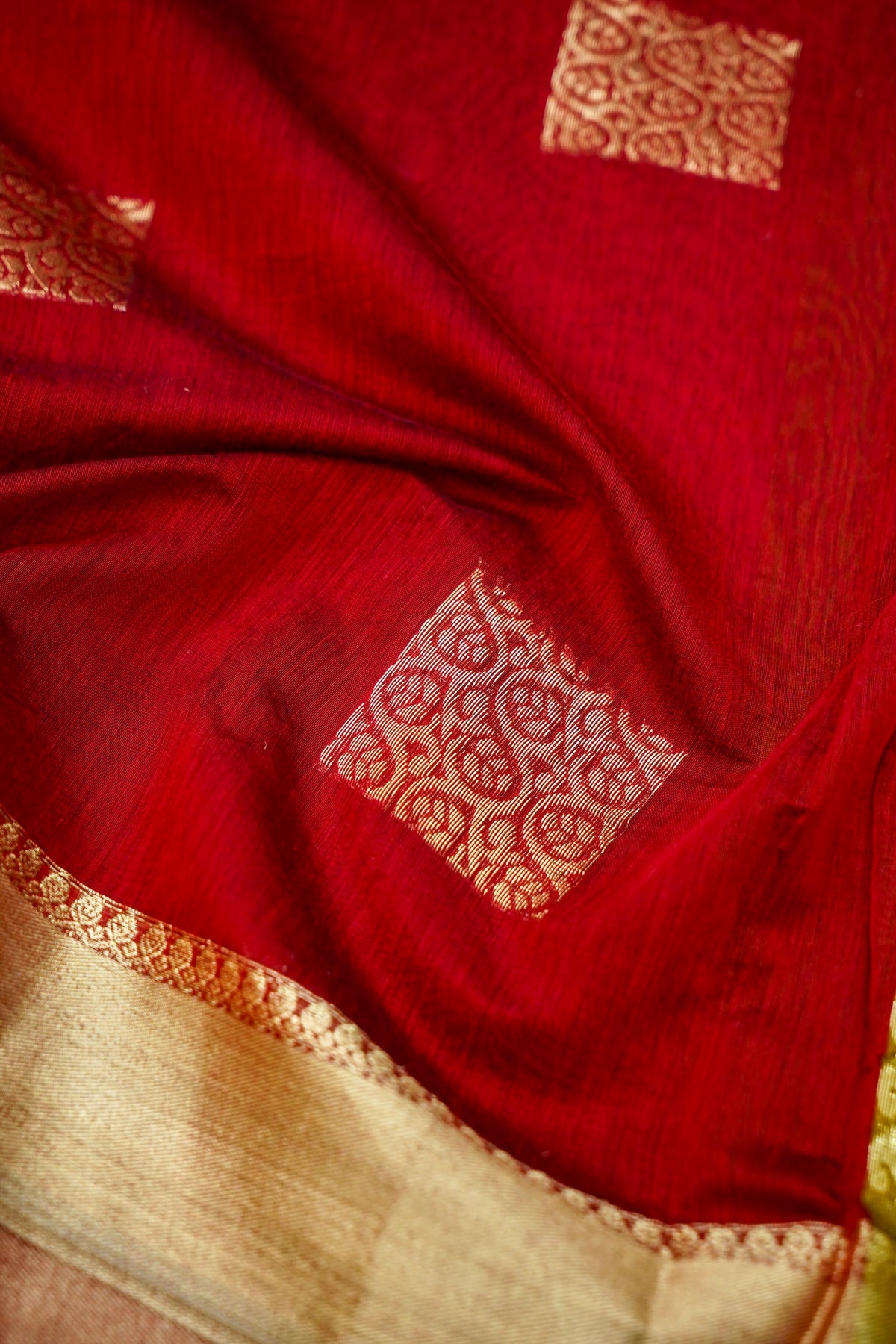 Suvarna - Dark Maroon Red Maheshwari Silk Saree with Antique Gold Border