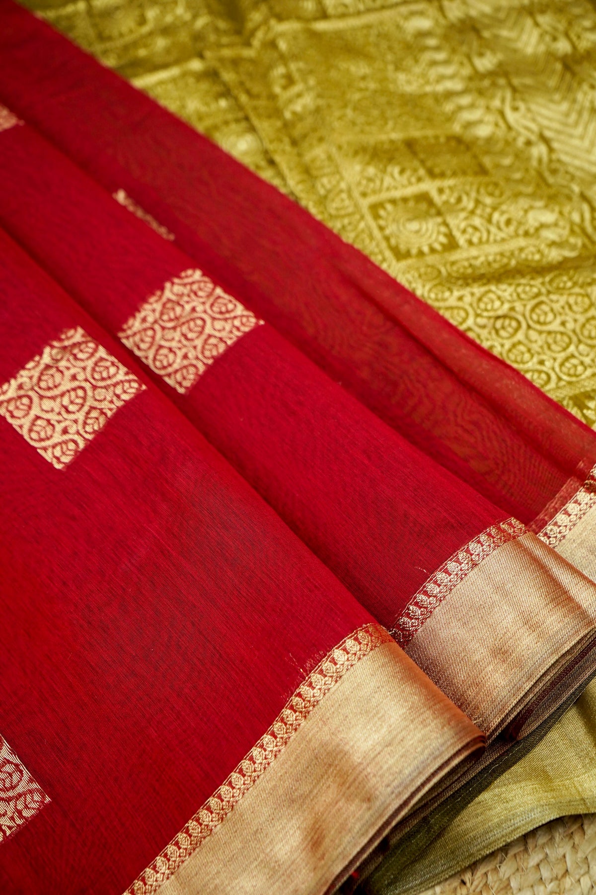 Suvarna - Dark Maroon Red Maheshwari Silk Saree with Antique Gold Border