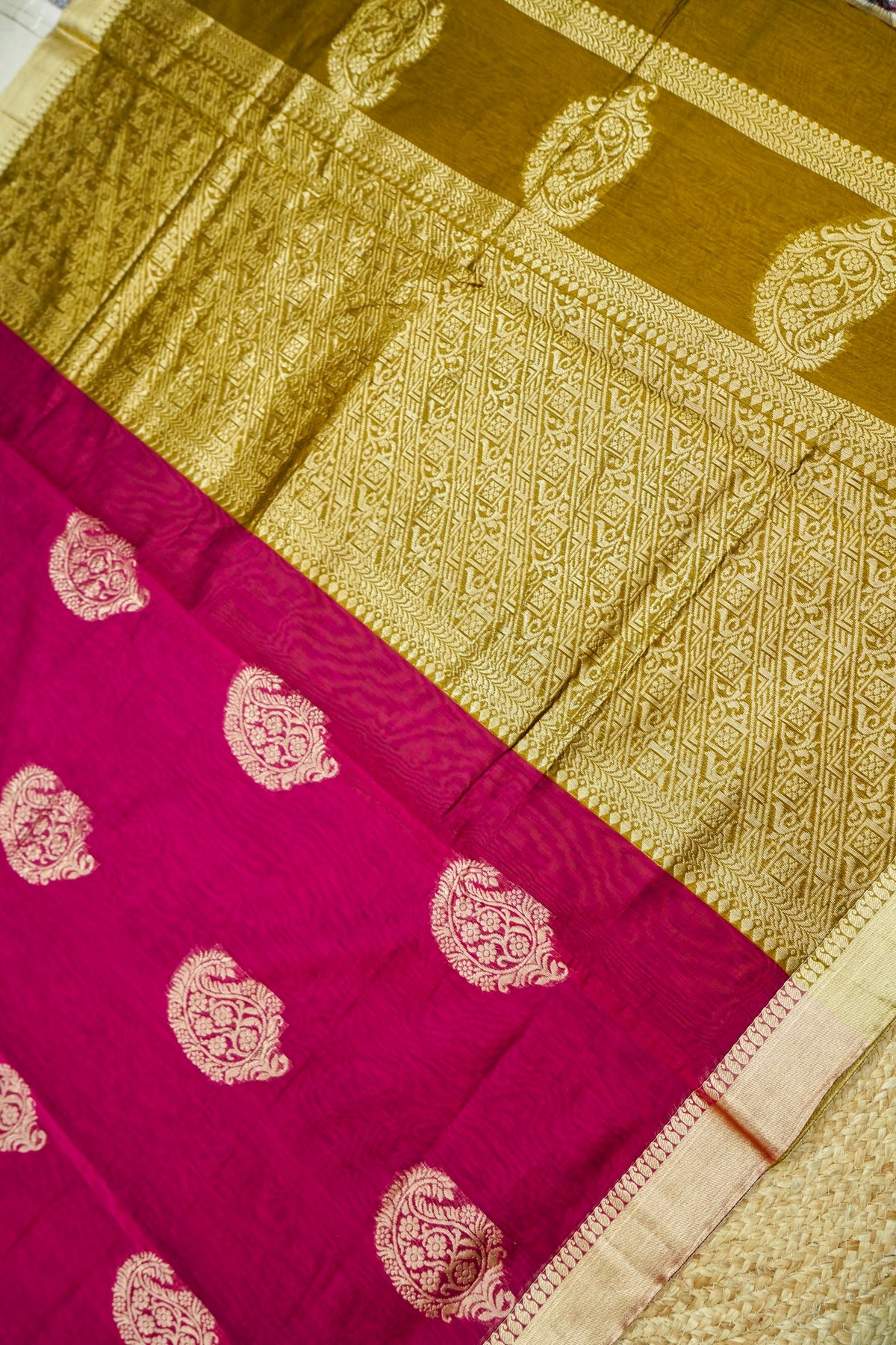 Suvarna - Wine Maroon Maheshwari Silk Saree with Antique Gold Border