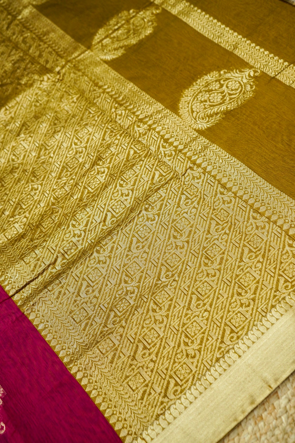 Suvarna - Wine Maroon Maheshwari Silk Saree with Antique Gold Border