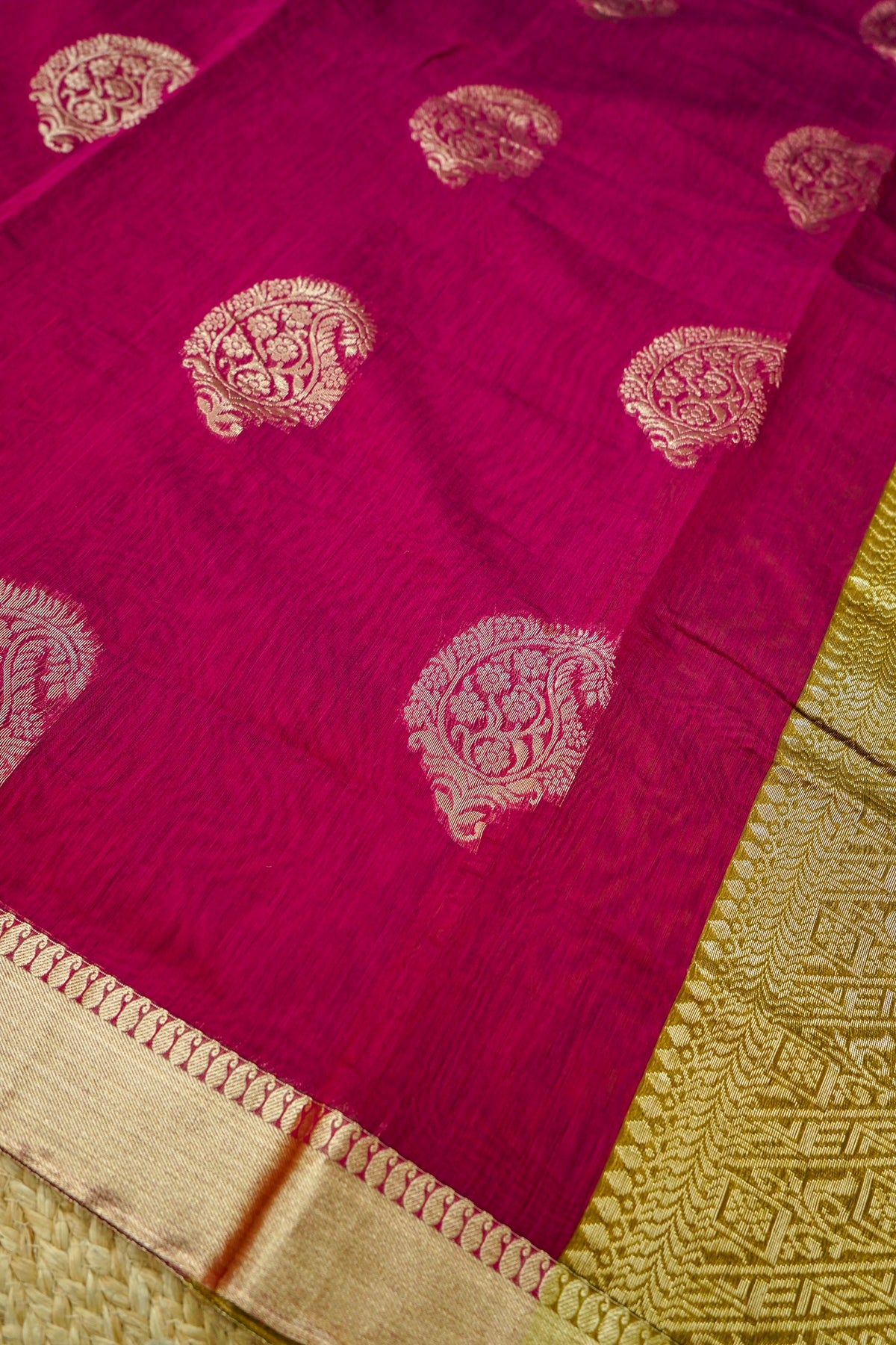 Suvarna - Wine Maroon Maheshwari Silk Saree with Antique Gold Border