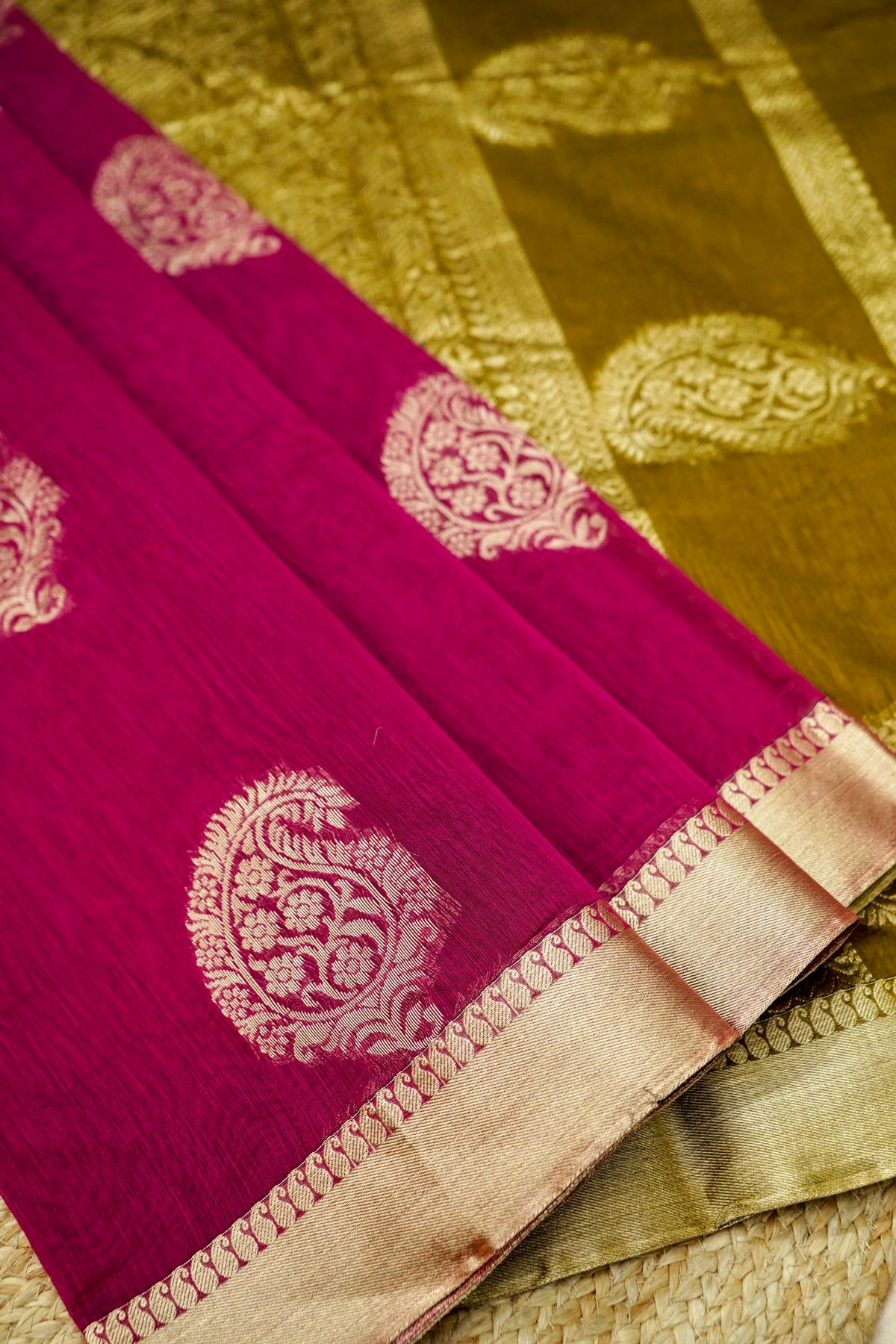 Suvarna - Wine Maroon Maheshwari Silk Saree with Antique Gold Border