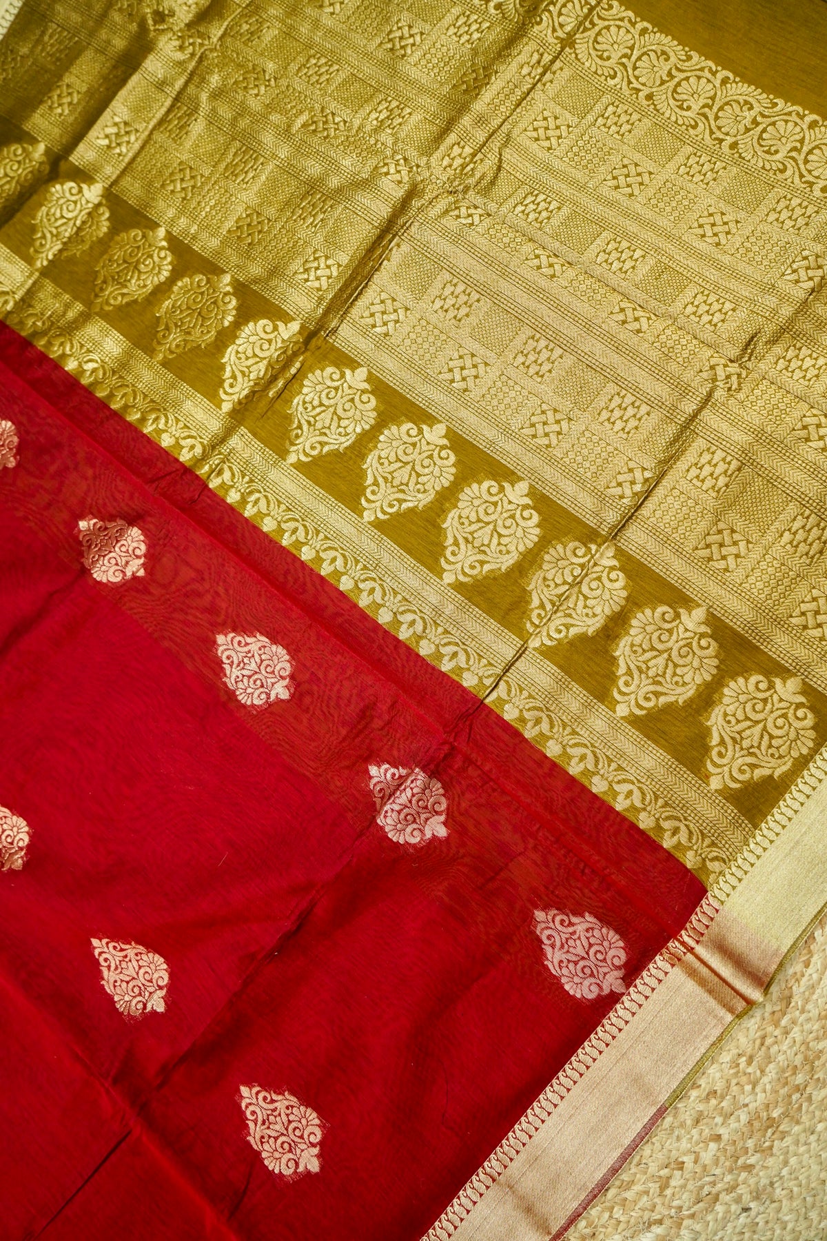 Suvarna - Deep Crimson Red Maheshwari Silk Saree with Antique Gold Border