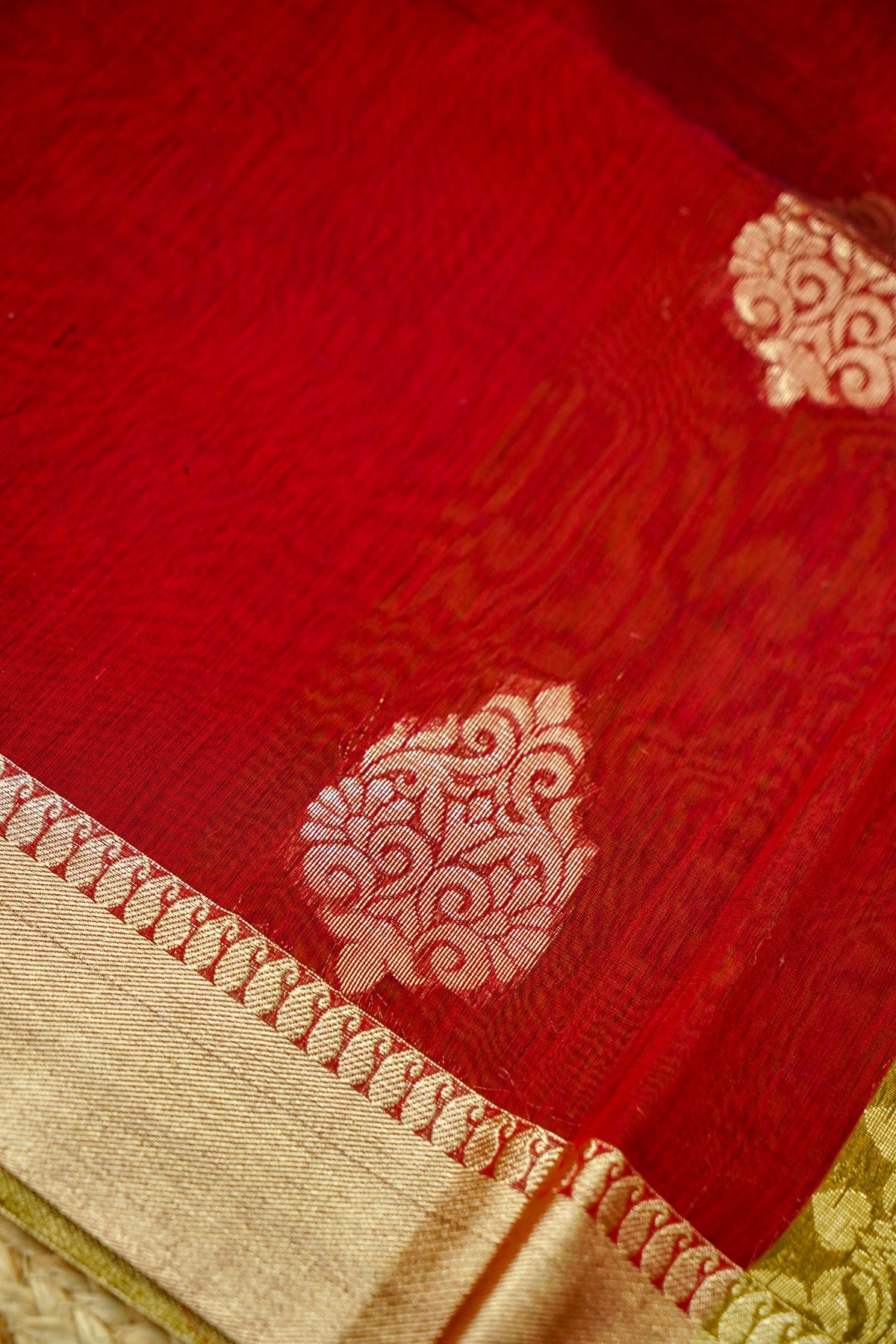 Suvarna - Deep Crimson Red Maheshwari Silk Saree with Antique Gold Border