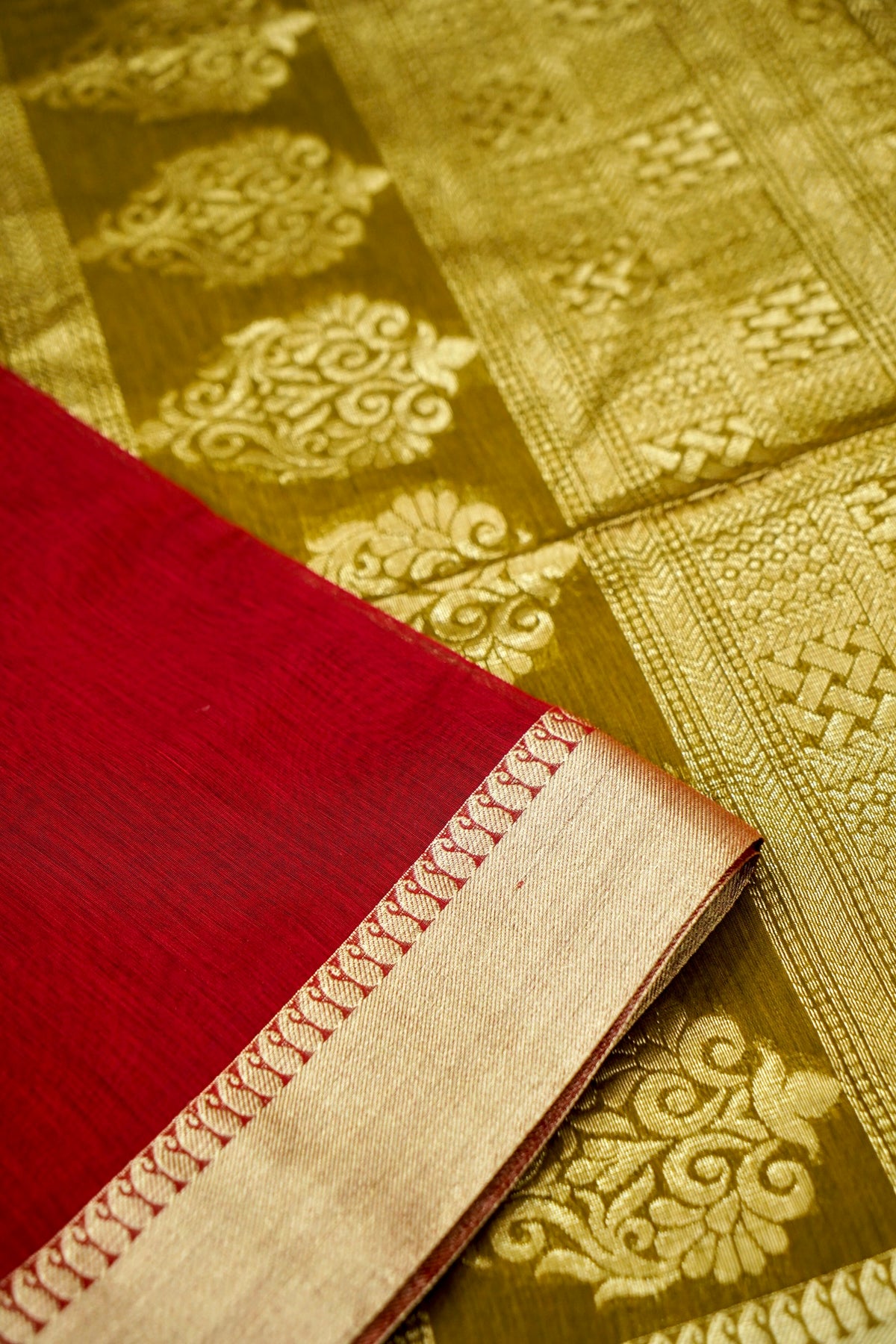 Suvarna - Deep Crimson Red Maheshwari Silk Saree with Antique Gold Border