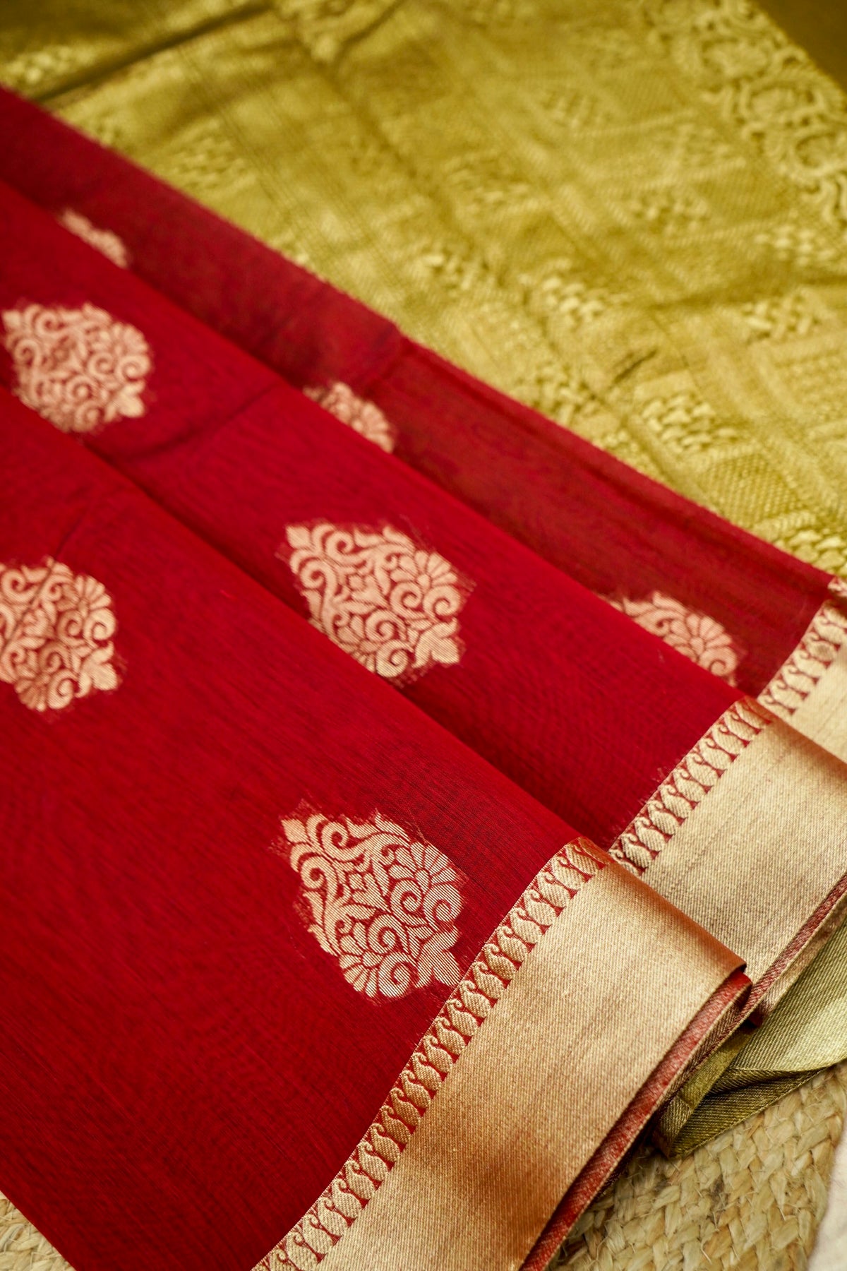 Suvarna - Deep Crimson Red Maheshwari Silk Saree with Antique Gold Border