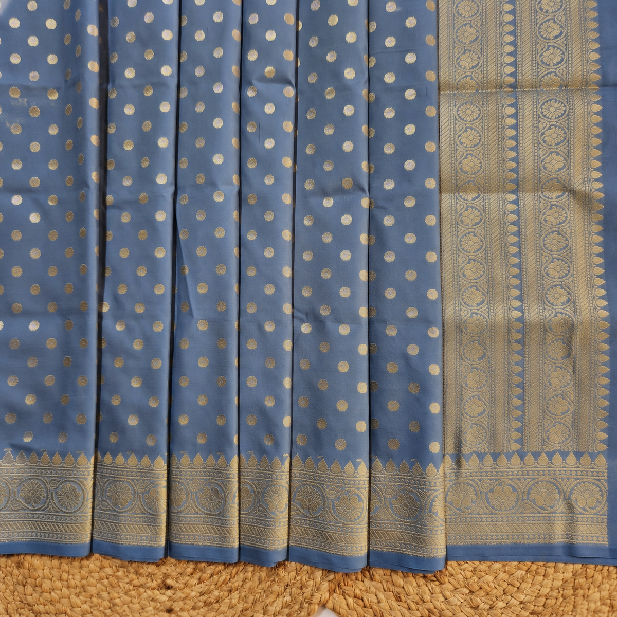 Steel Blue Banarasi Silk Dupatta with Gold Polka Dot