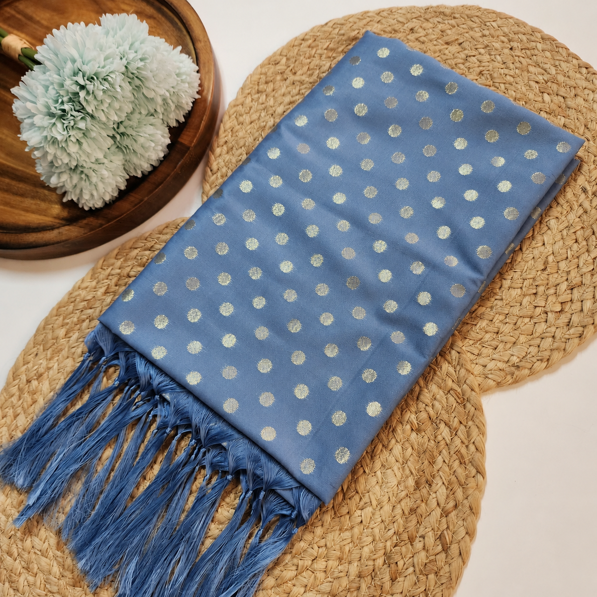 Steel Blue Banarasi Silk Dupatta with Gold Polka Dot