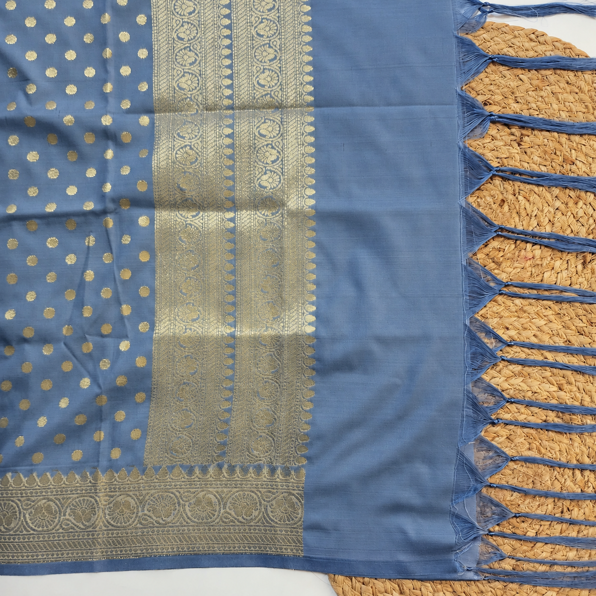 Steel Blue Banarasi Silk Dupatta with Gold Polka Dot