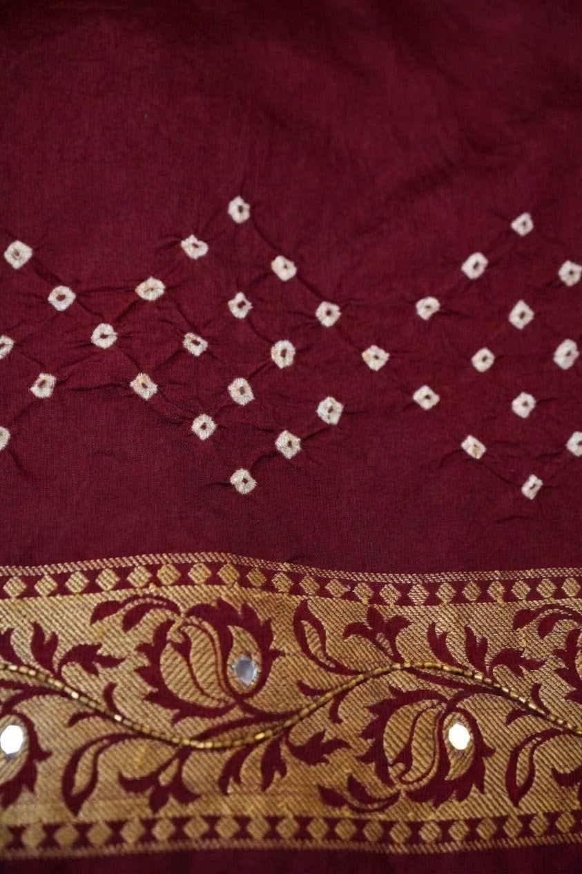 Fulaari - Deep Maroon Bandhani Dupion Silk Saree with Fringe Border