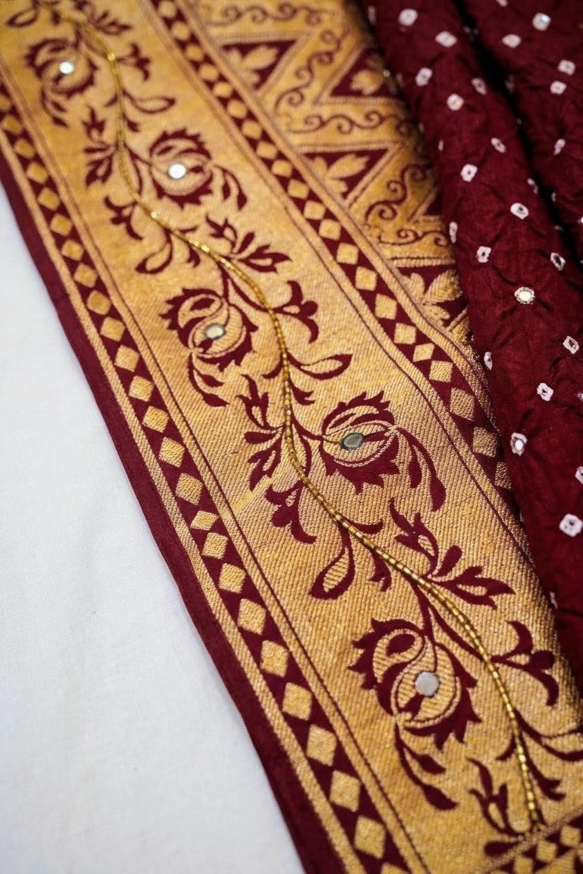 Fulaari - Deep Maroon Bandhani Dupion Silk Saree with Fringe Border