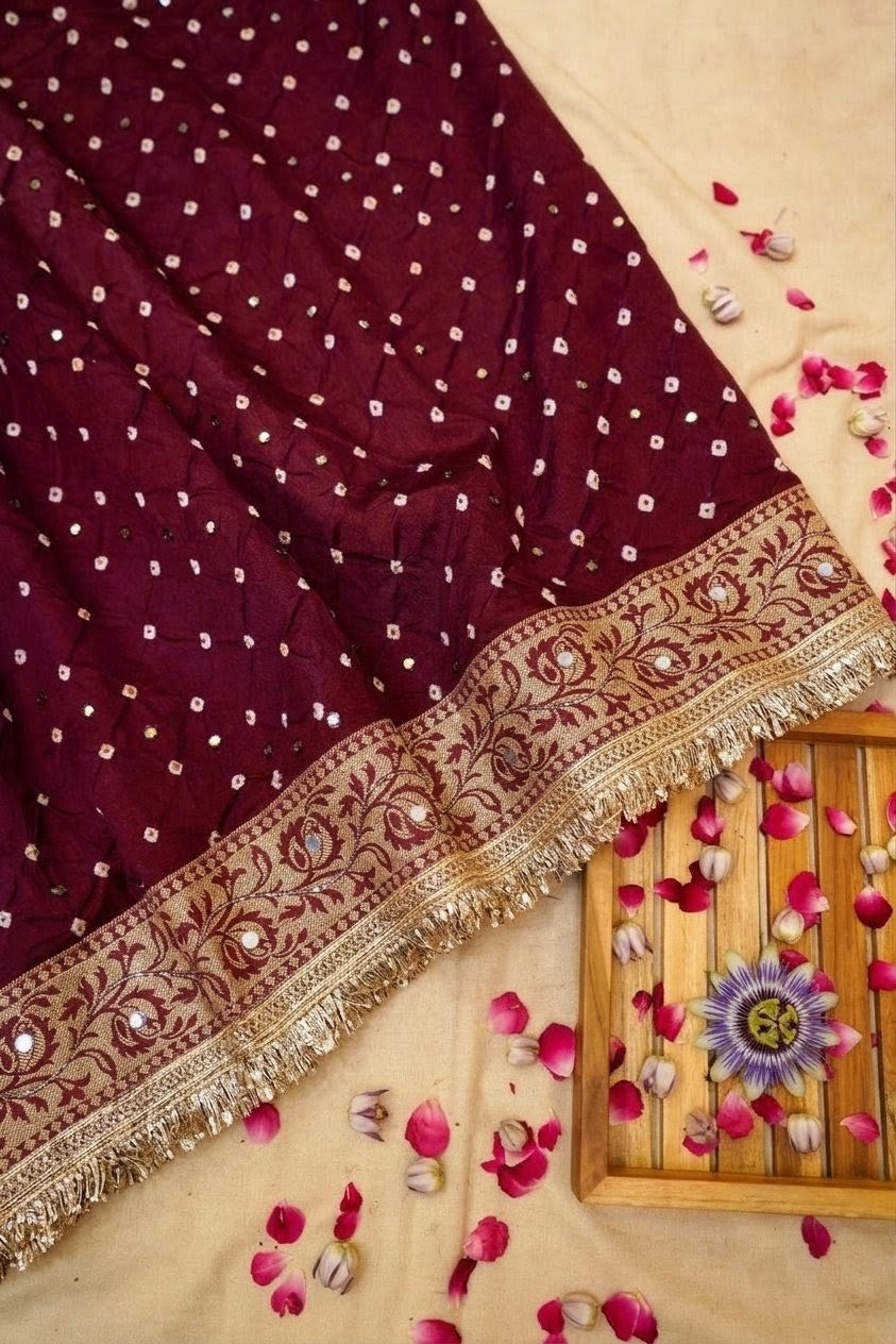 Fulaari - Deep Maroon Bandhani Dupion Silk Saree with Fringe Border