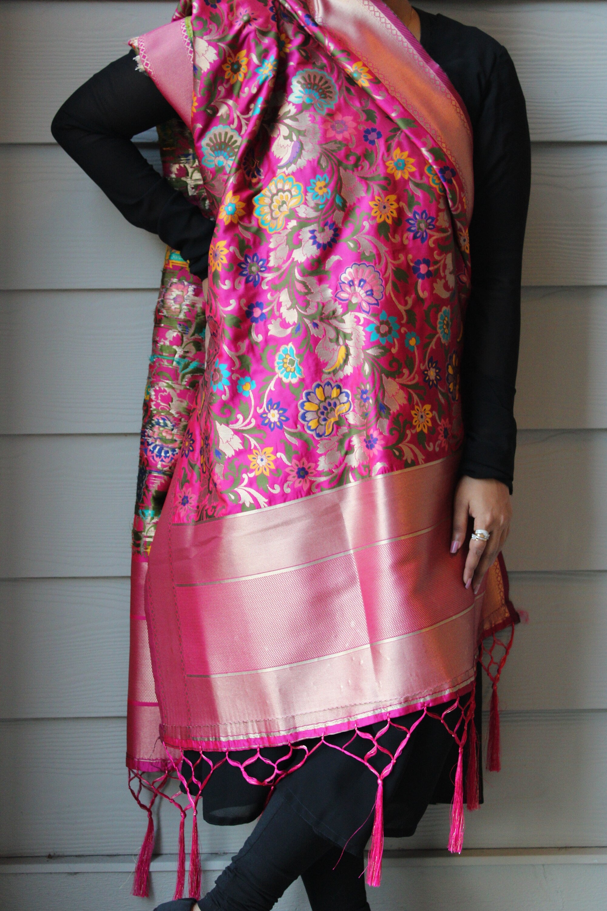 Banarasi Silk Magenta Pink Dupatta, multicolor and gold floral handweaving