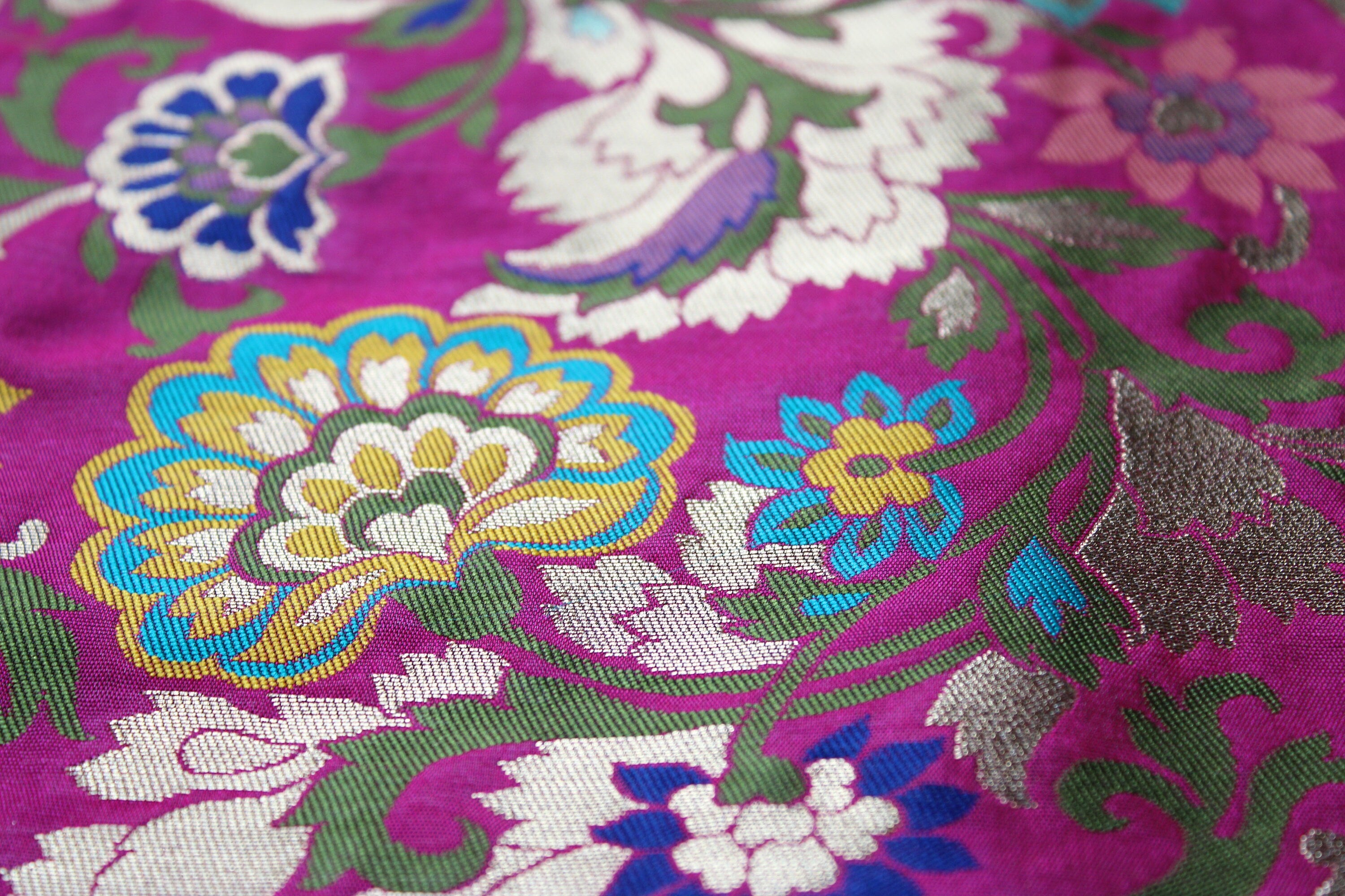 Banarasi Silk Magenta Pink Dupatta, multicolor and gold floral handweaving