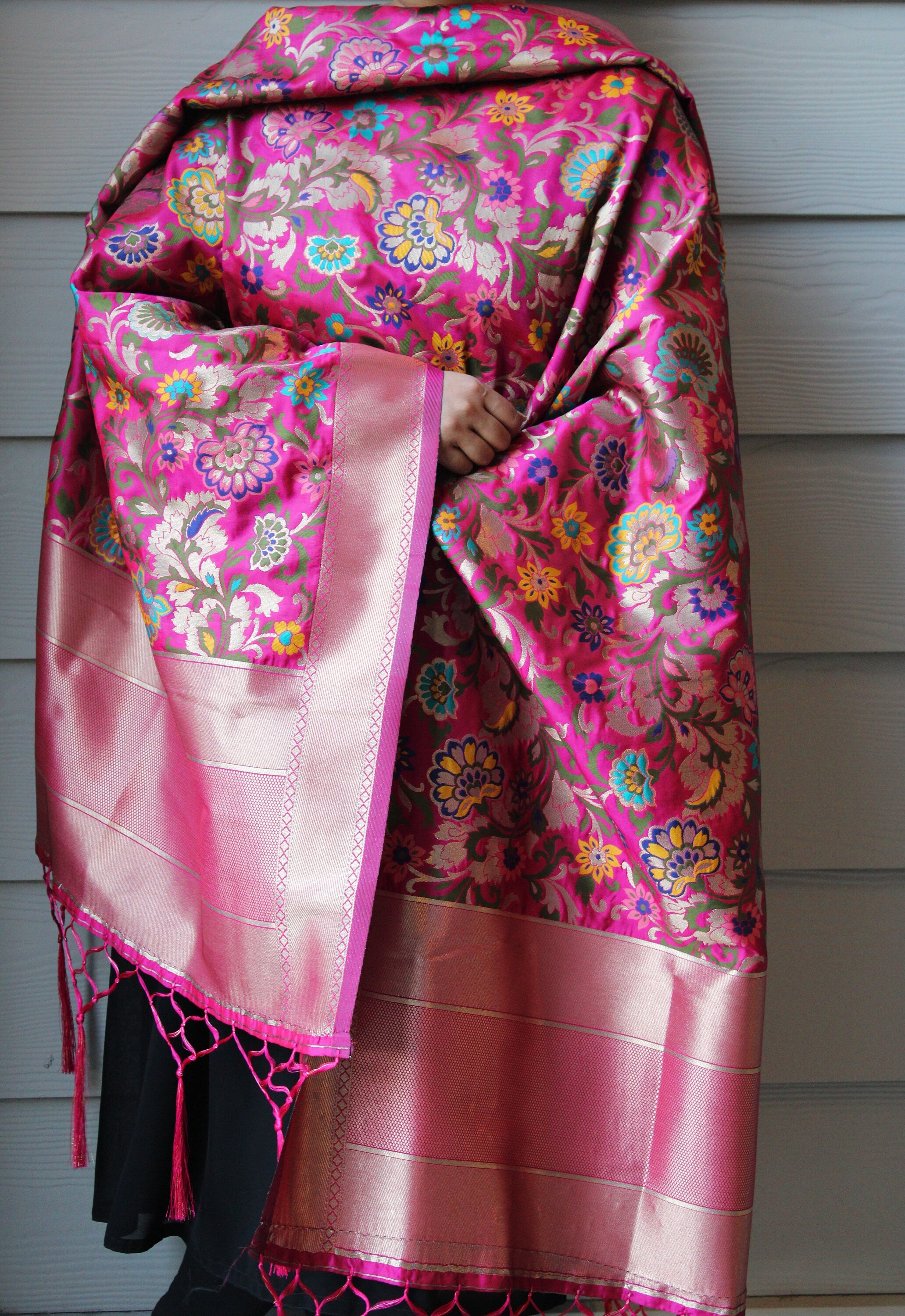 Banarasi Silk Magenta Pink Dupatta, multicolor and gold floral handweaving