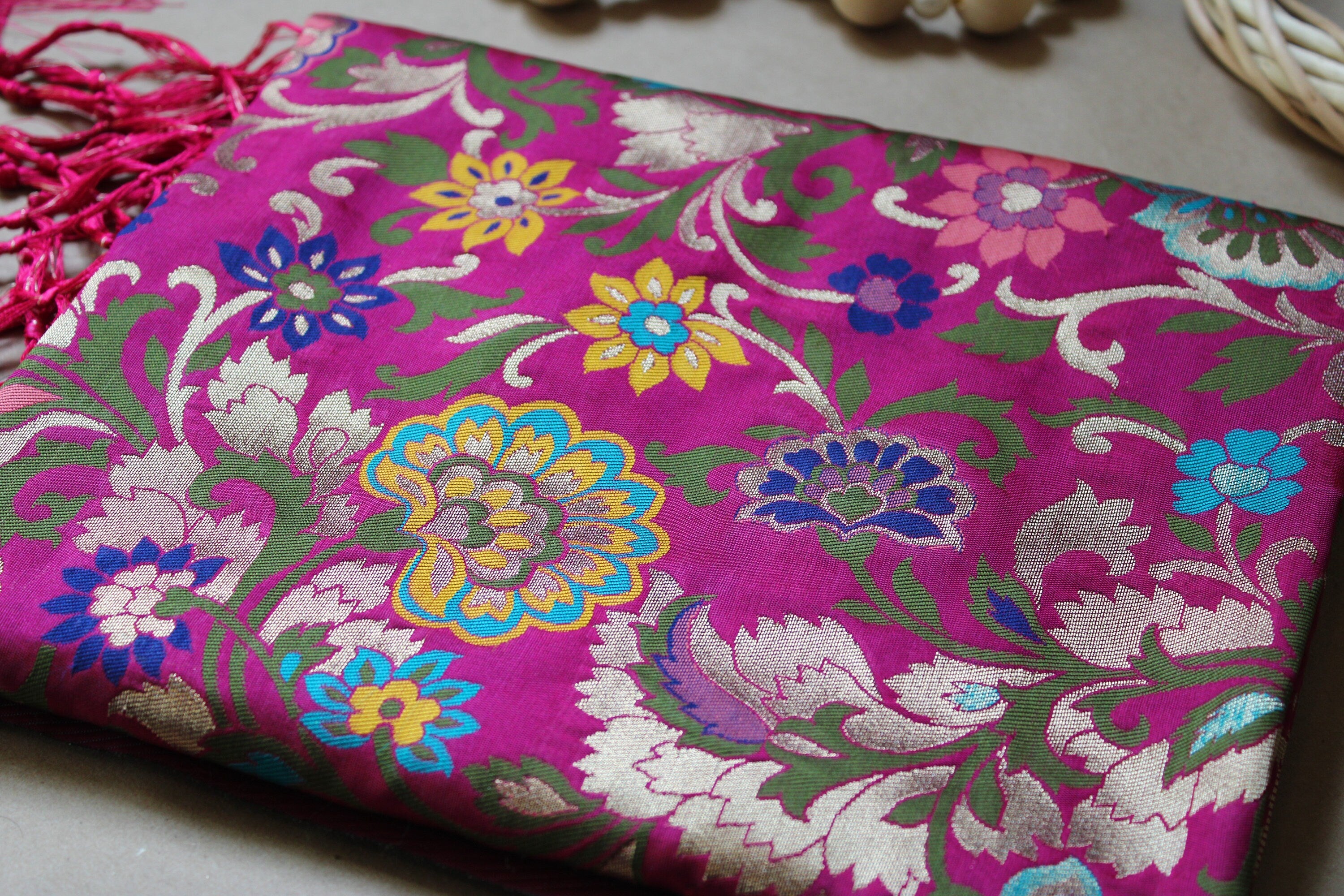 Banarasi Silk Magenta Pink Dupatta, multicolor and gold floral handweaving