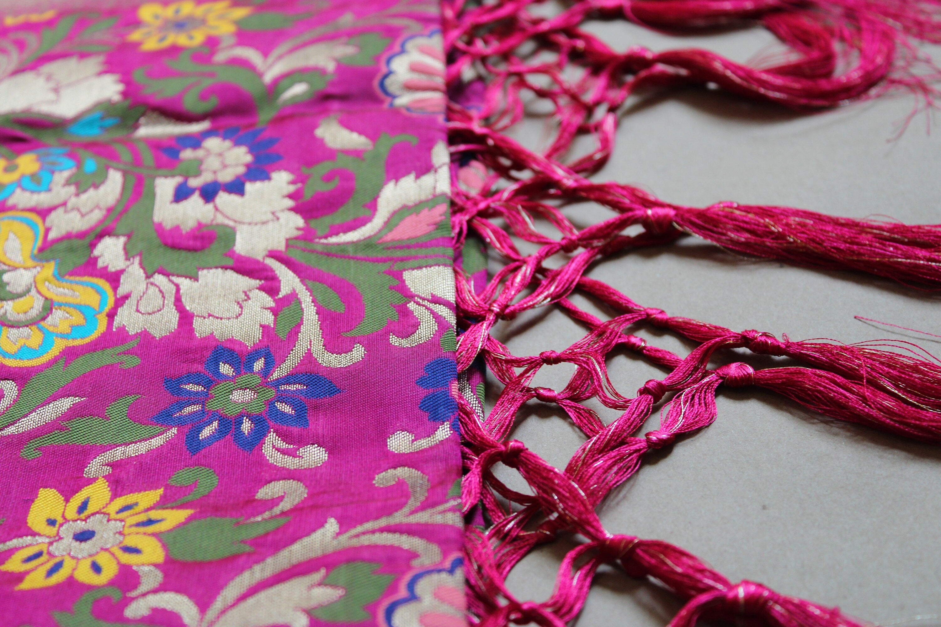 Banarasi Silk Magenta Pink Dupatta, multicolor and gold floral handweaving