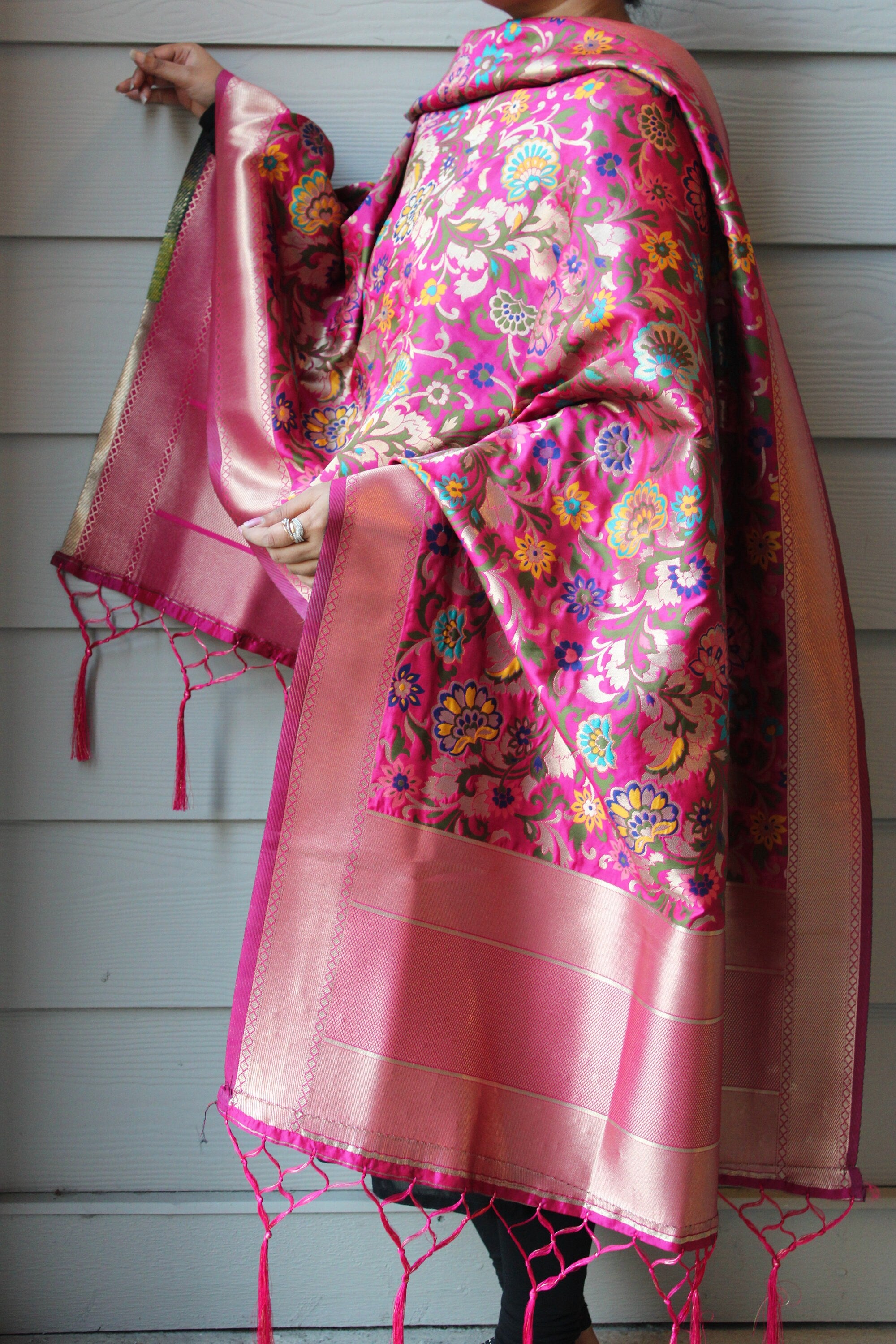 Banarasi Silk Magenta Pink Dupatta, multicolor and gold floral handweaving