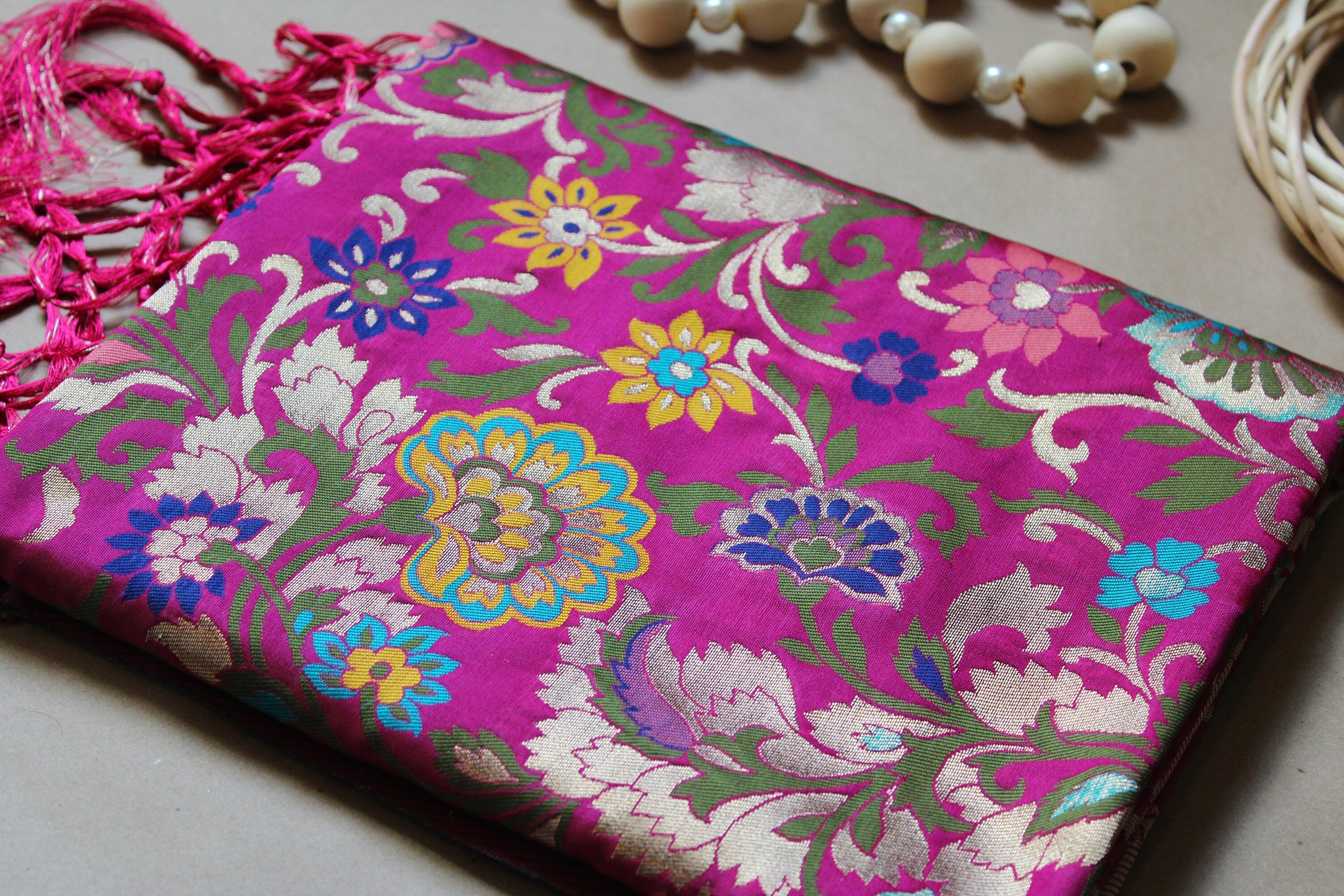 Banarasi Silk Magenta Pink Dupatta, multicolor and gold floral handweaving