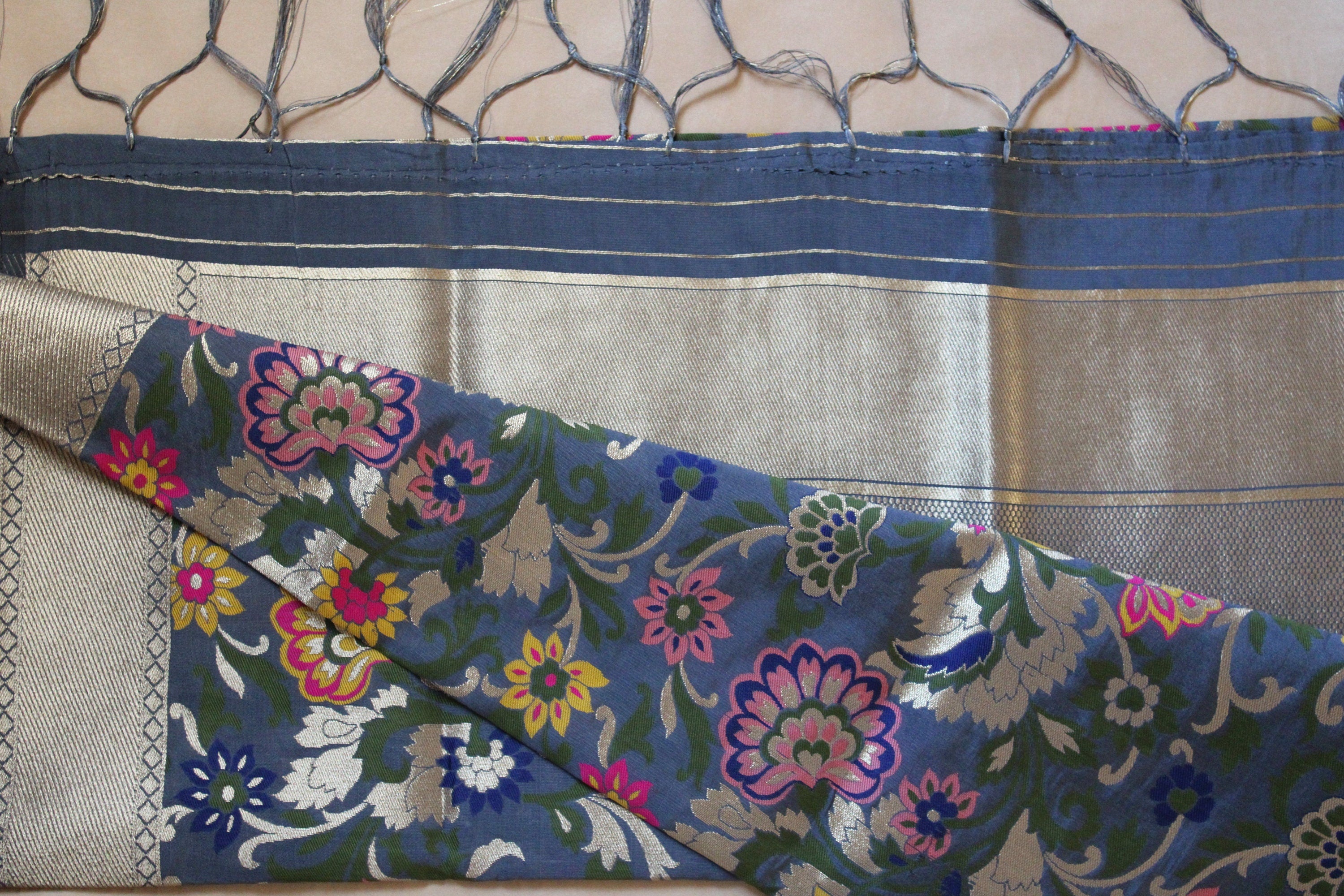 Banarasi Silk Dark Gray Dupatta with multicolor handweaving