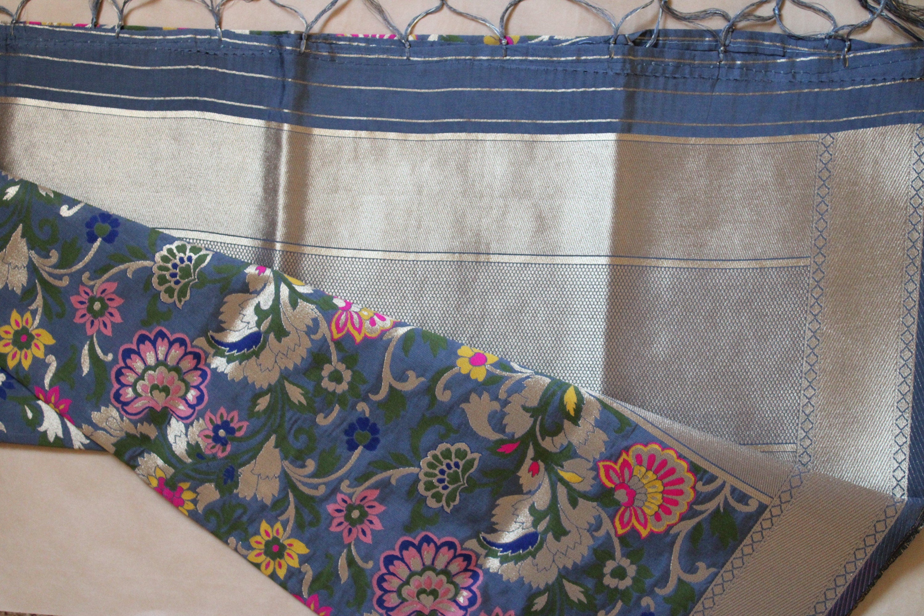 Banarasi Silk Dark Gray Dupatta with multicolor handweaving