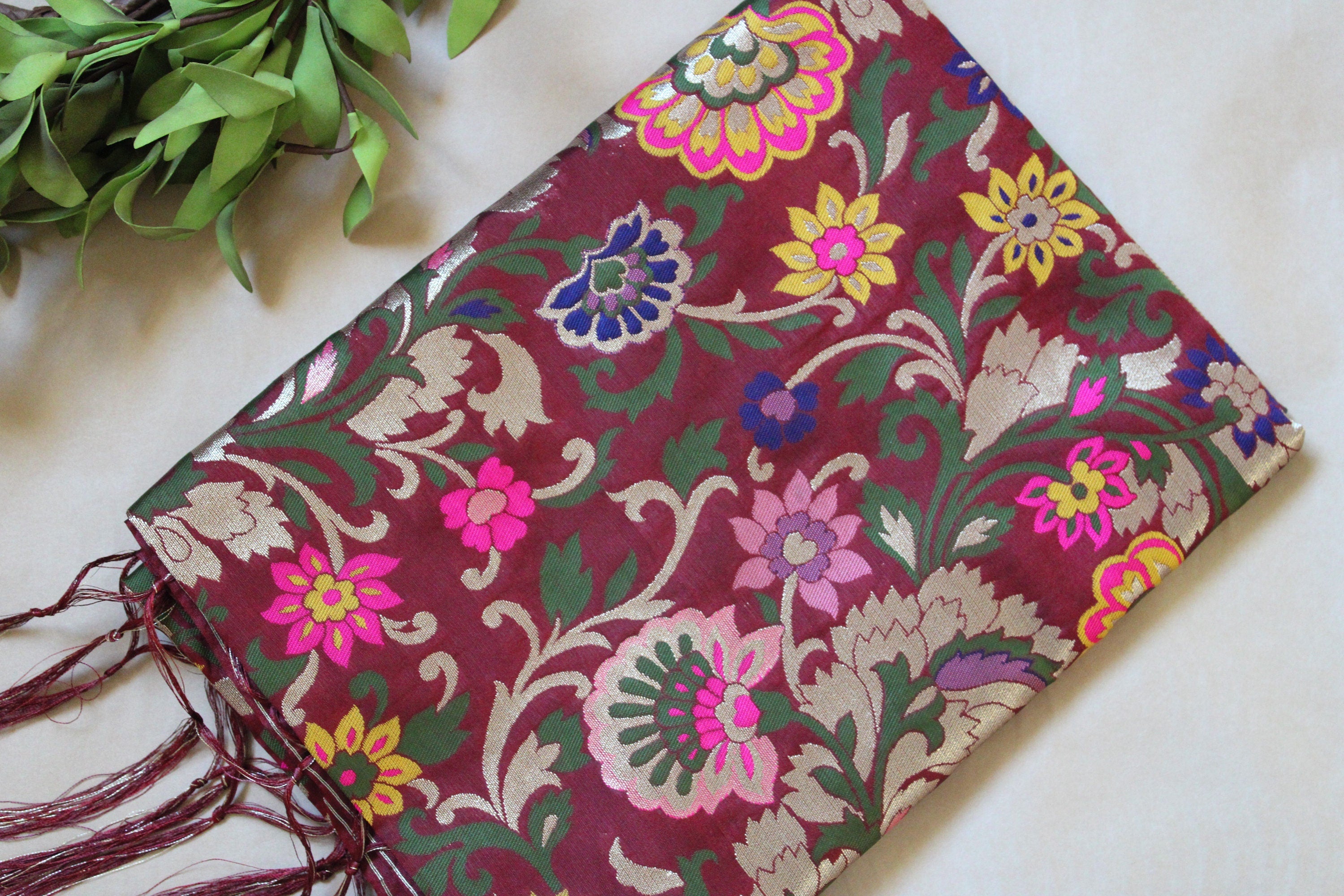 Banarasi Silk Brown Dupatta with Multicolor & Gold Floral Handweaving
