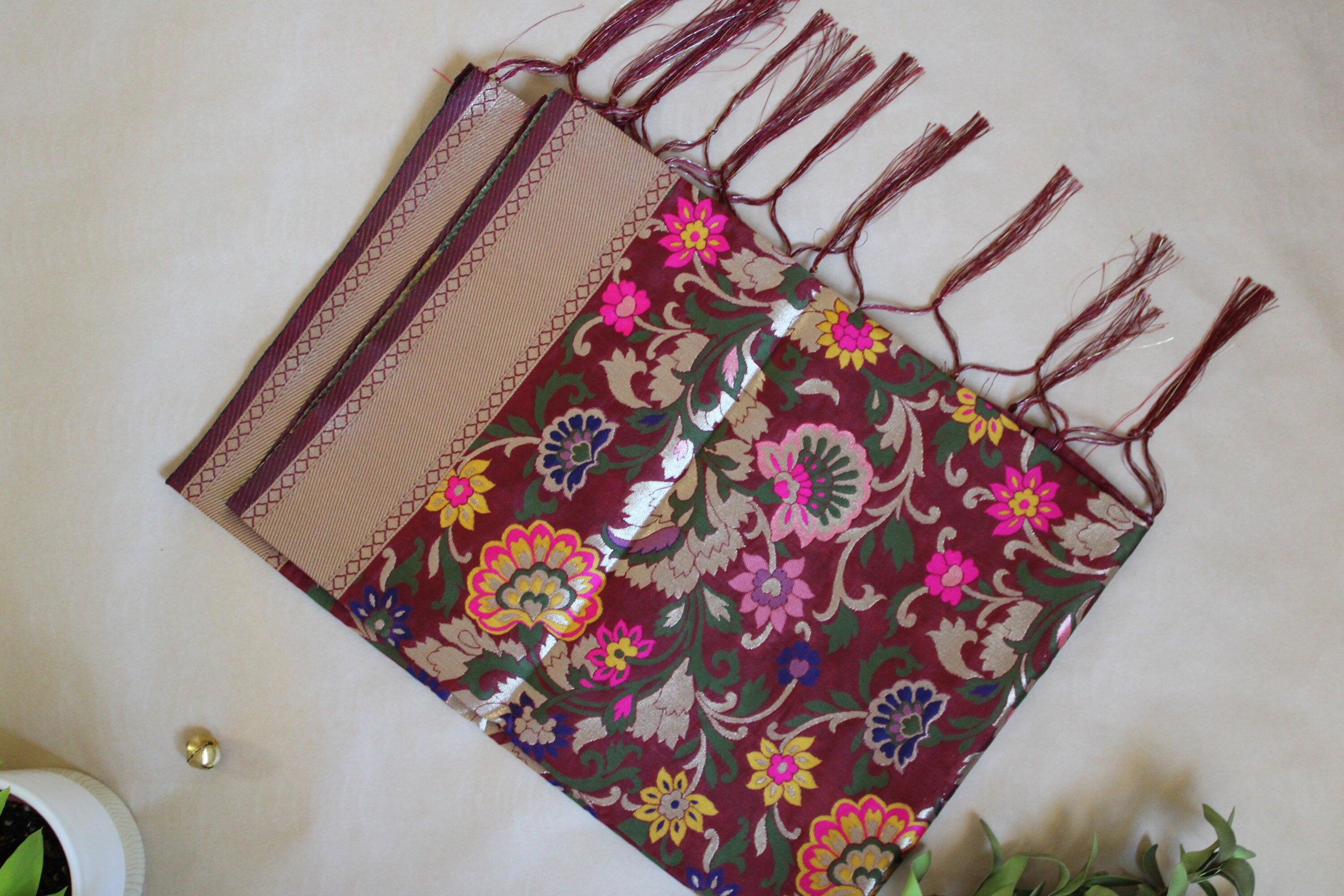 Banarasi Silk Brown Dupatta with multicolor and gold floral handweaving, Indian traditional Festive wear, Luxurious Banarasi silk