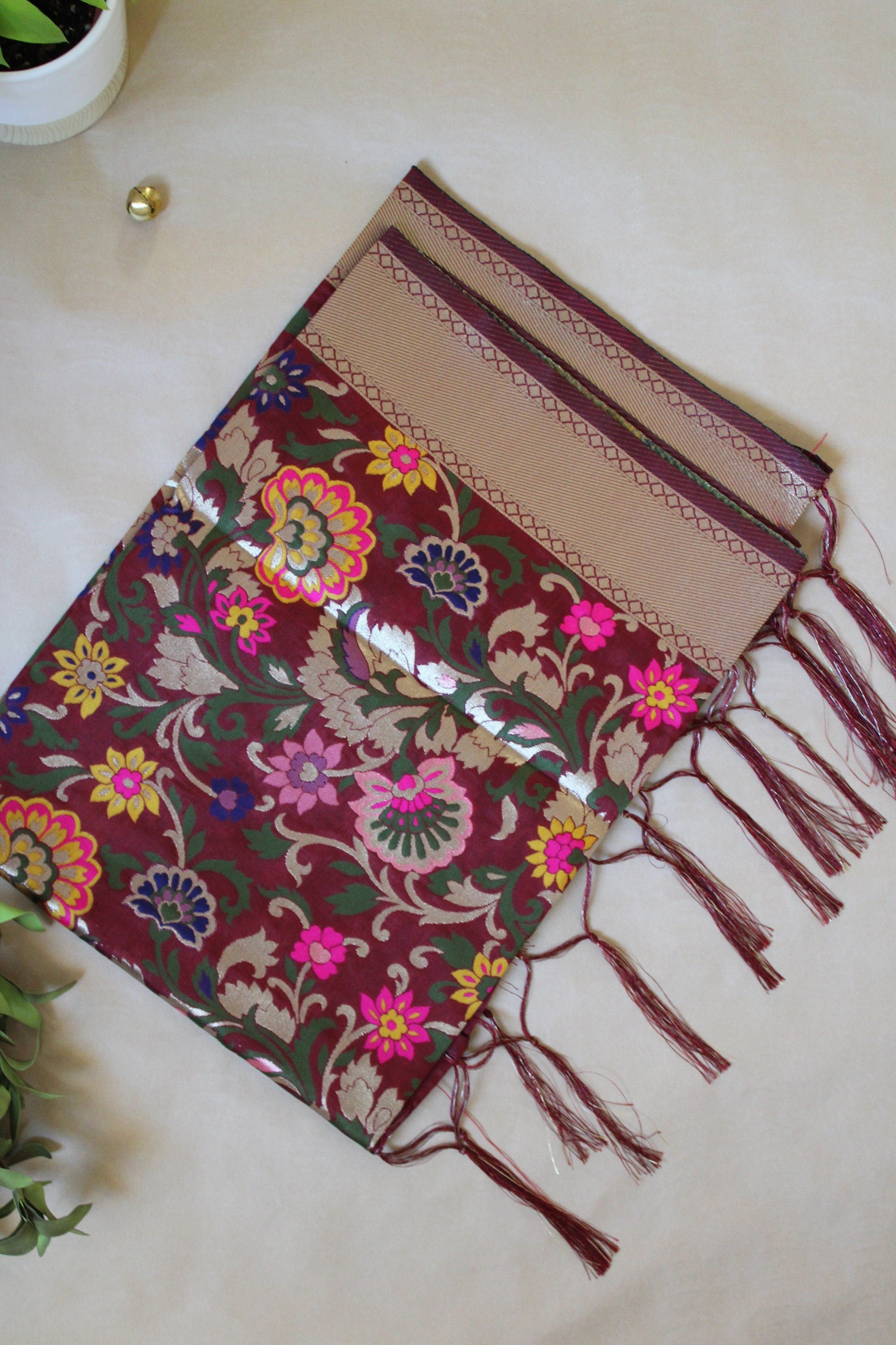 Banarasi Silk Brown Dupatta with Multicolor & Gold Floral Handweaving