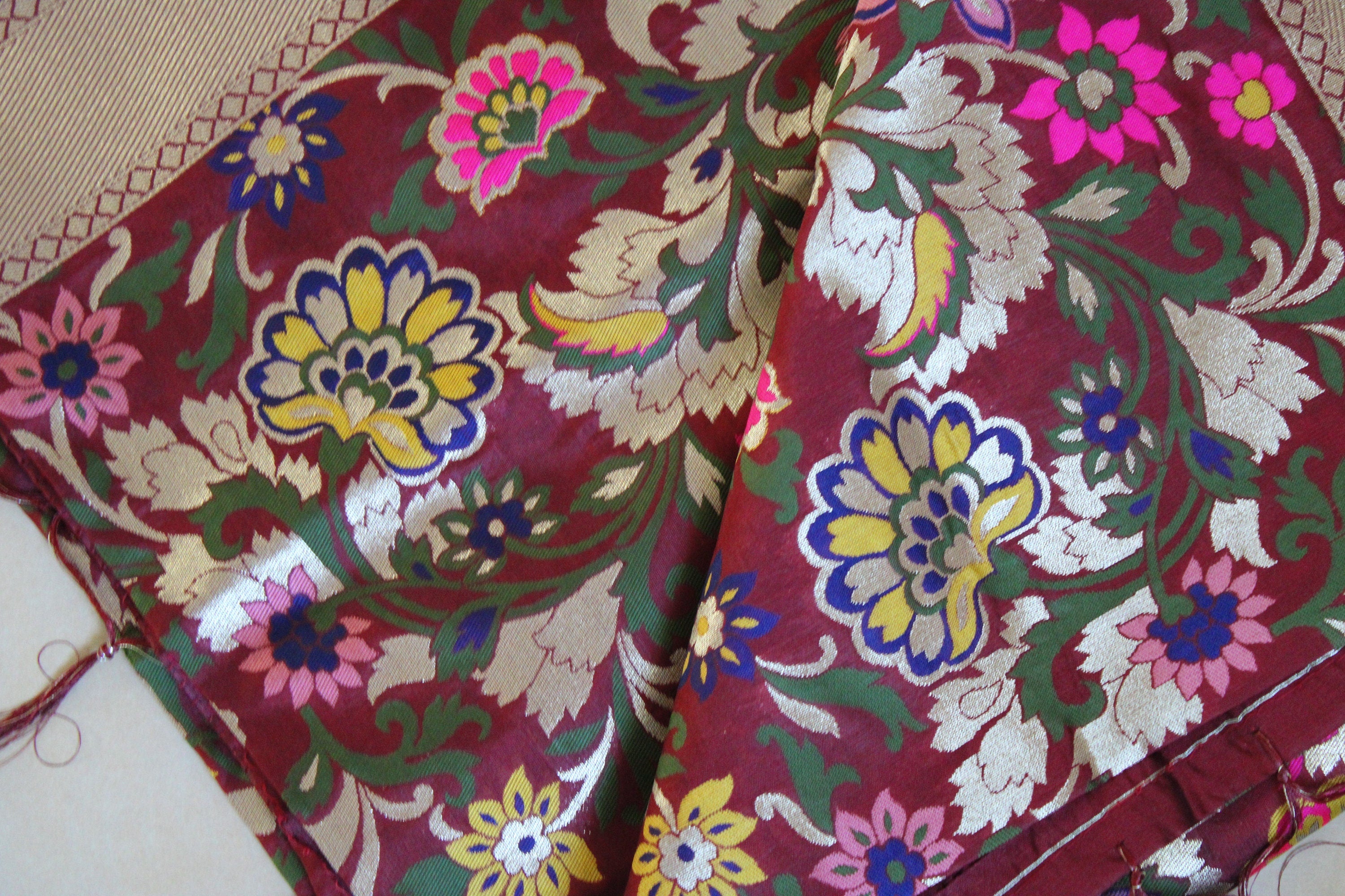 Banarasi Silk Brown Dupatta with multicolor and gold floral handweaving, Indian traditional Festive wear, Luxurious Banarasi silk