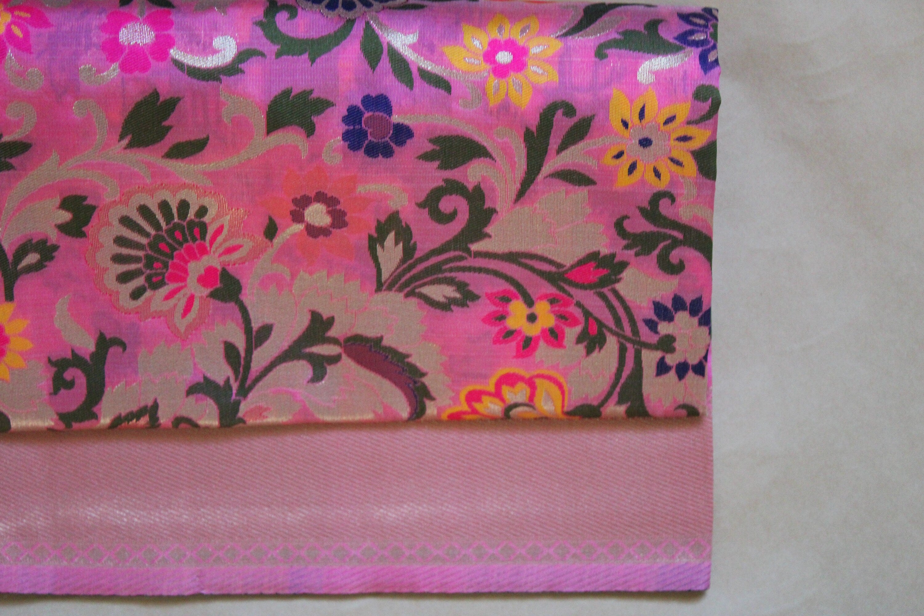 Banarasi Silk vibrant Pink Dupatta, multicolor and gold floral handweaving