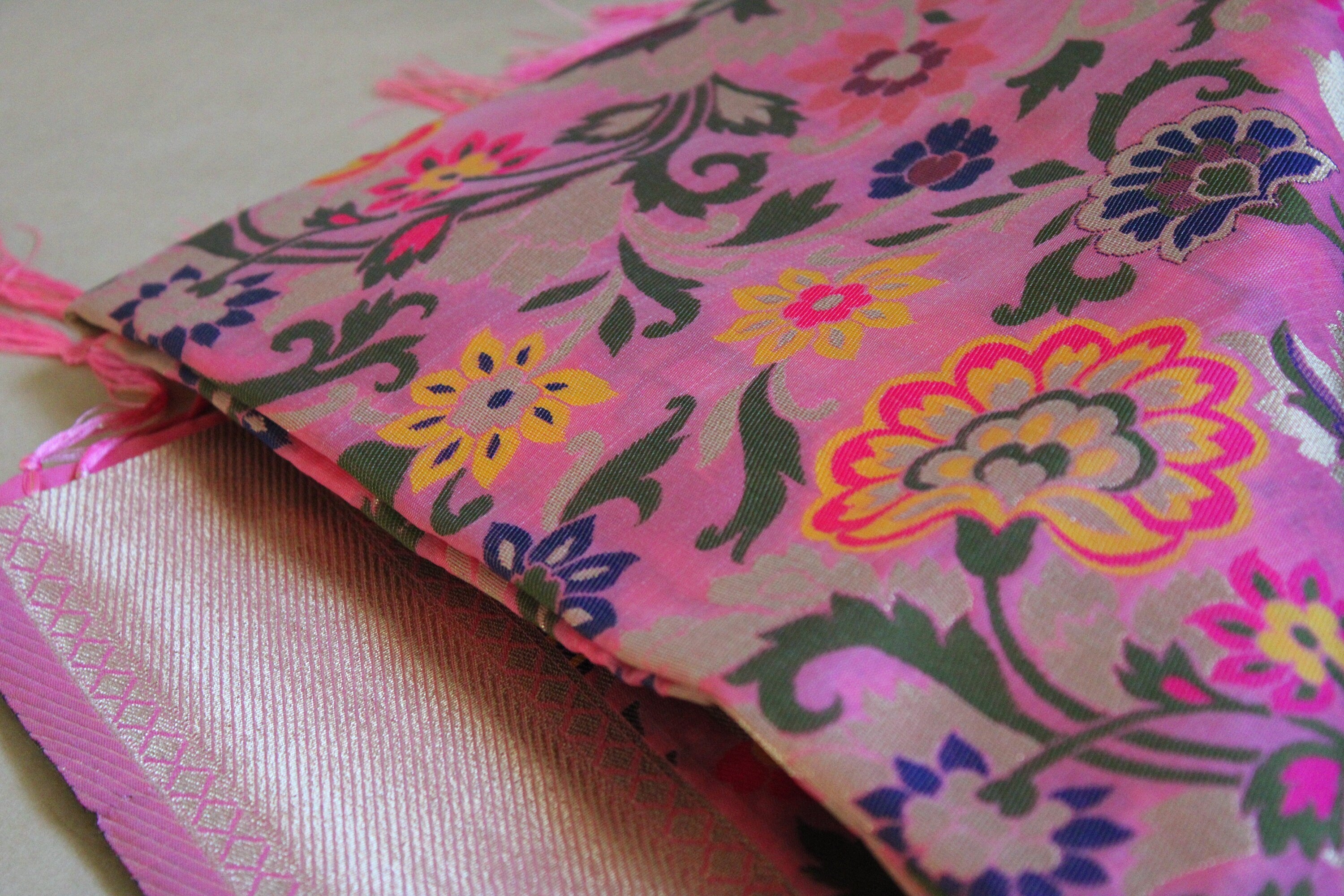 Banarasi Silk vibrant Pink Dupatta, multicolor and gold floral handweaving