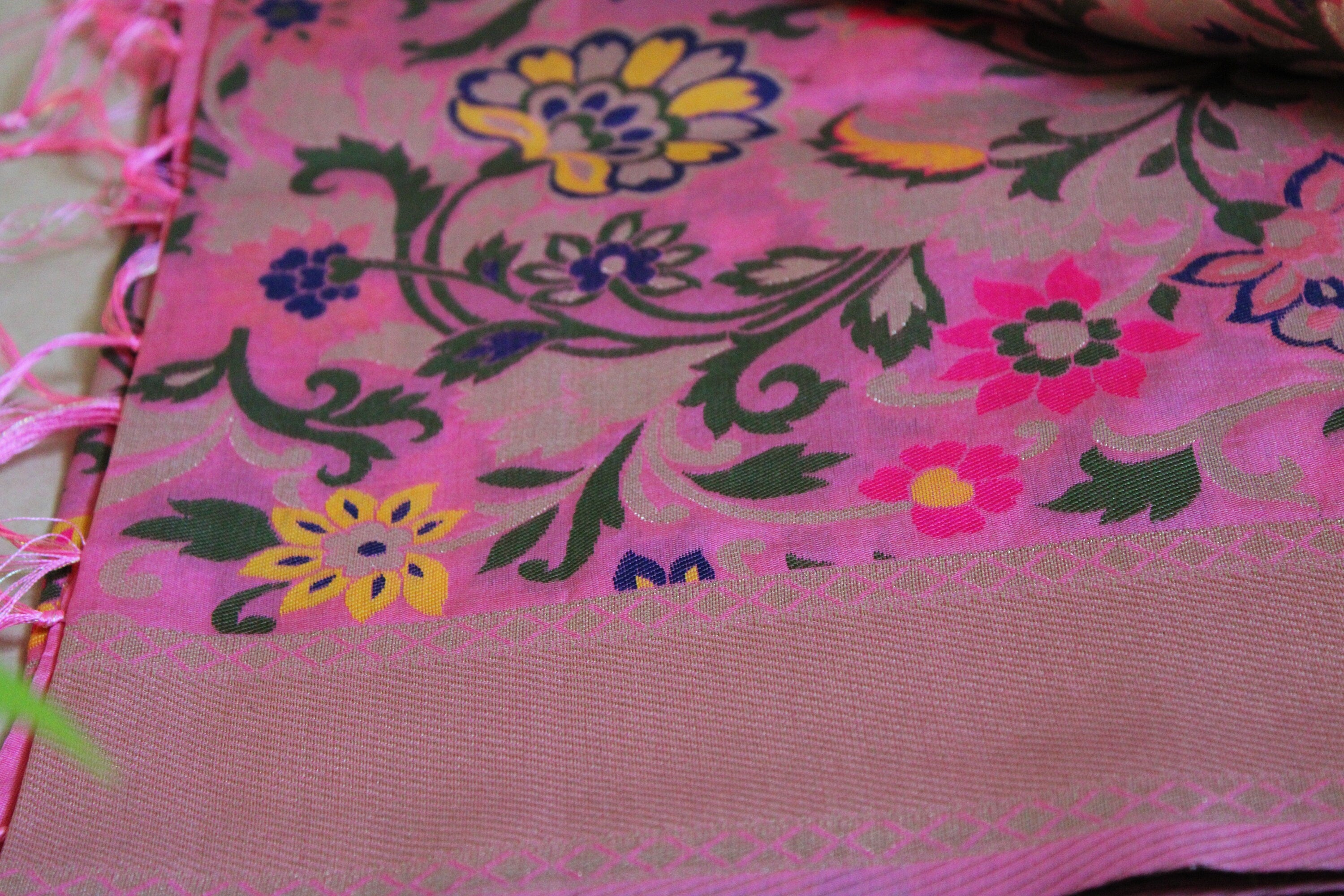 Banarasi Silk vibrant Pink Dupatta, multicolor and gold floral handweaving