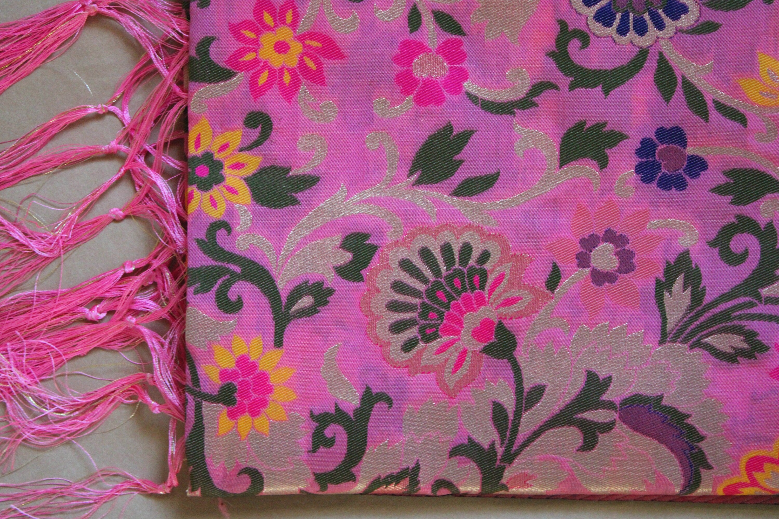 Banarasi Silk vibrant Pink Dupatta, multicolor and gold floral handweaving