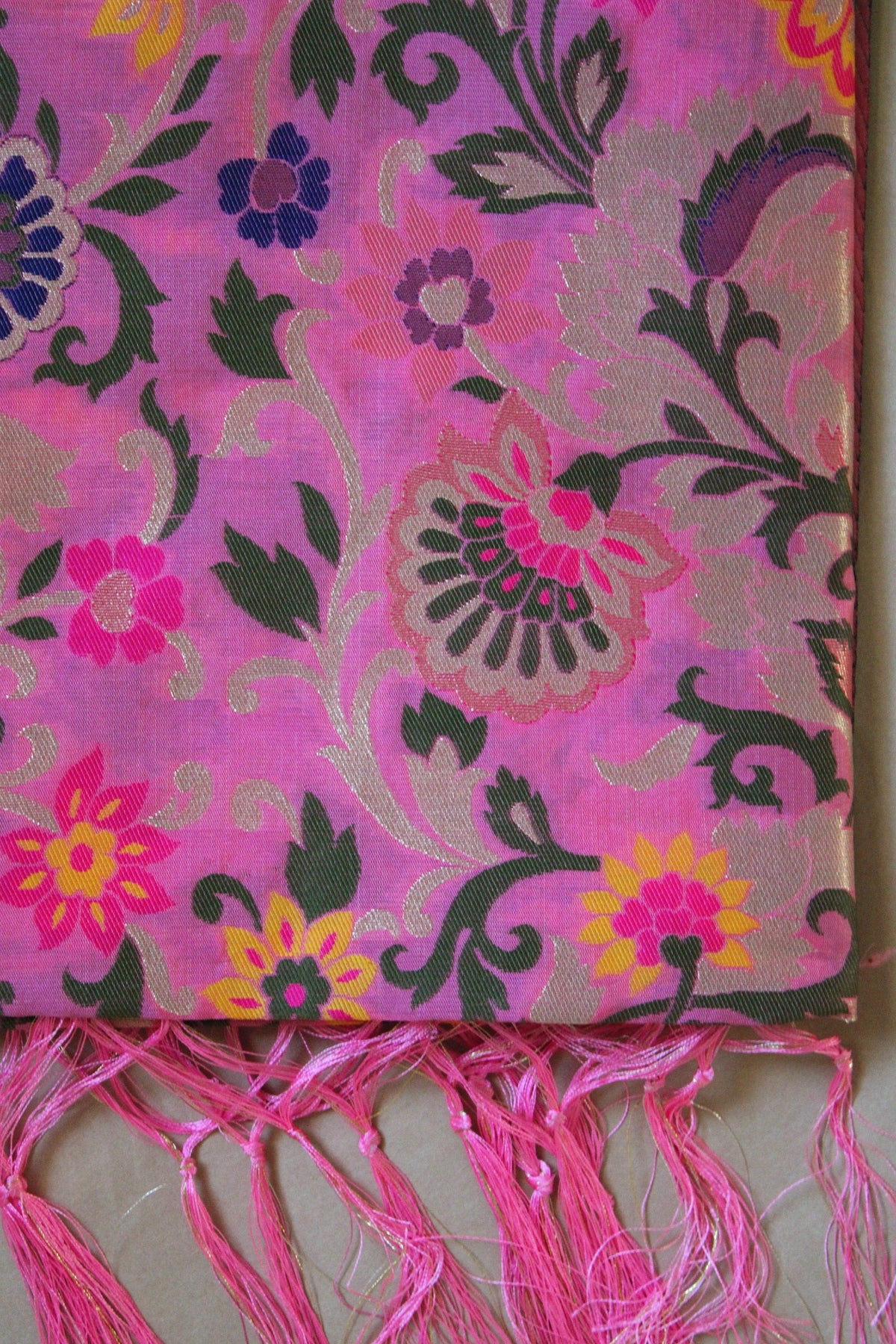 Banarasi Silk Vibrant Pink Dupatta with Multicolor & Gold Floral Handweaving