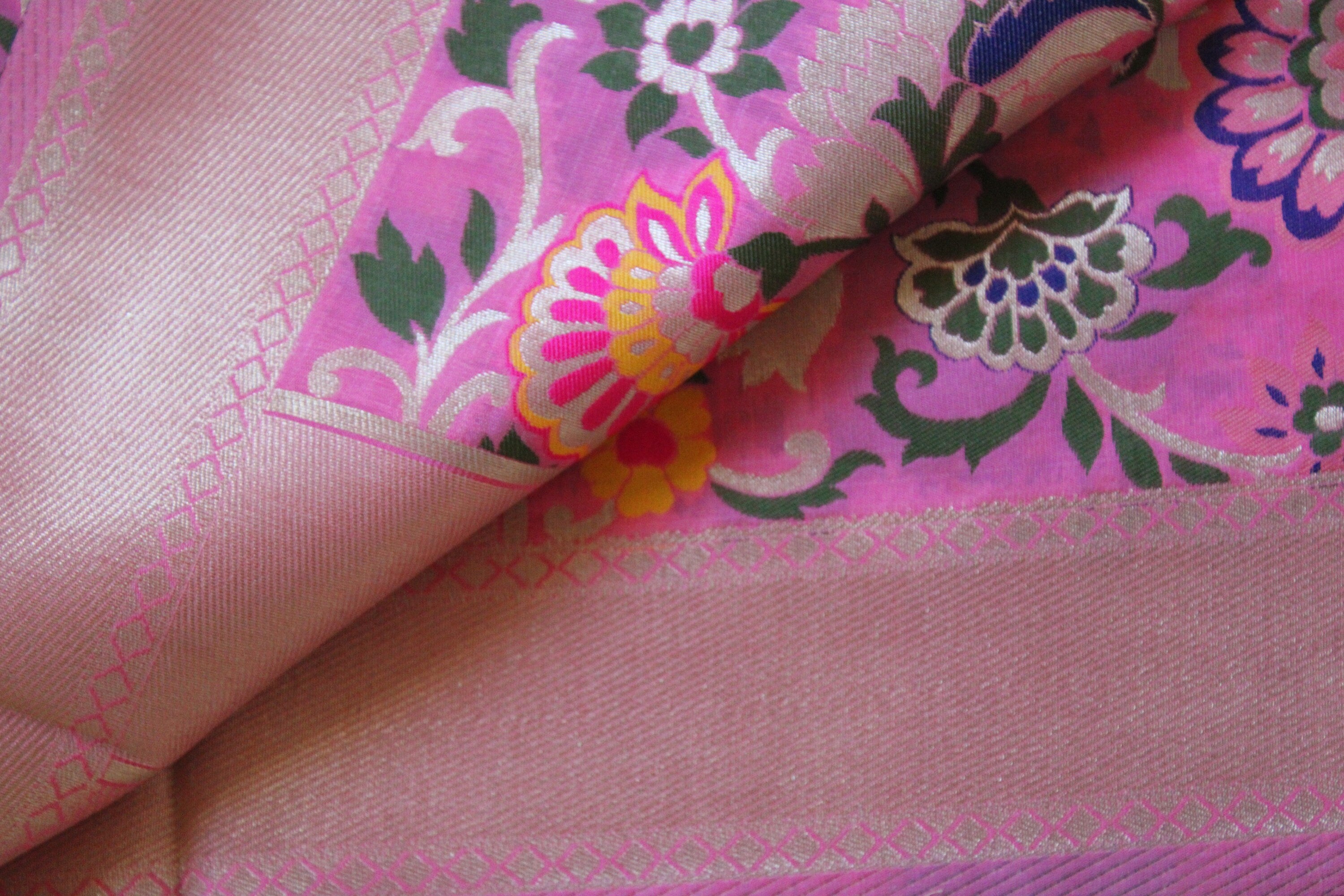 Banarasi Silk vibrant Pink Dupatta, multicolor and gold floral handweaving