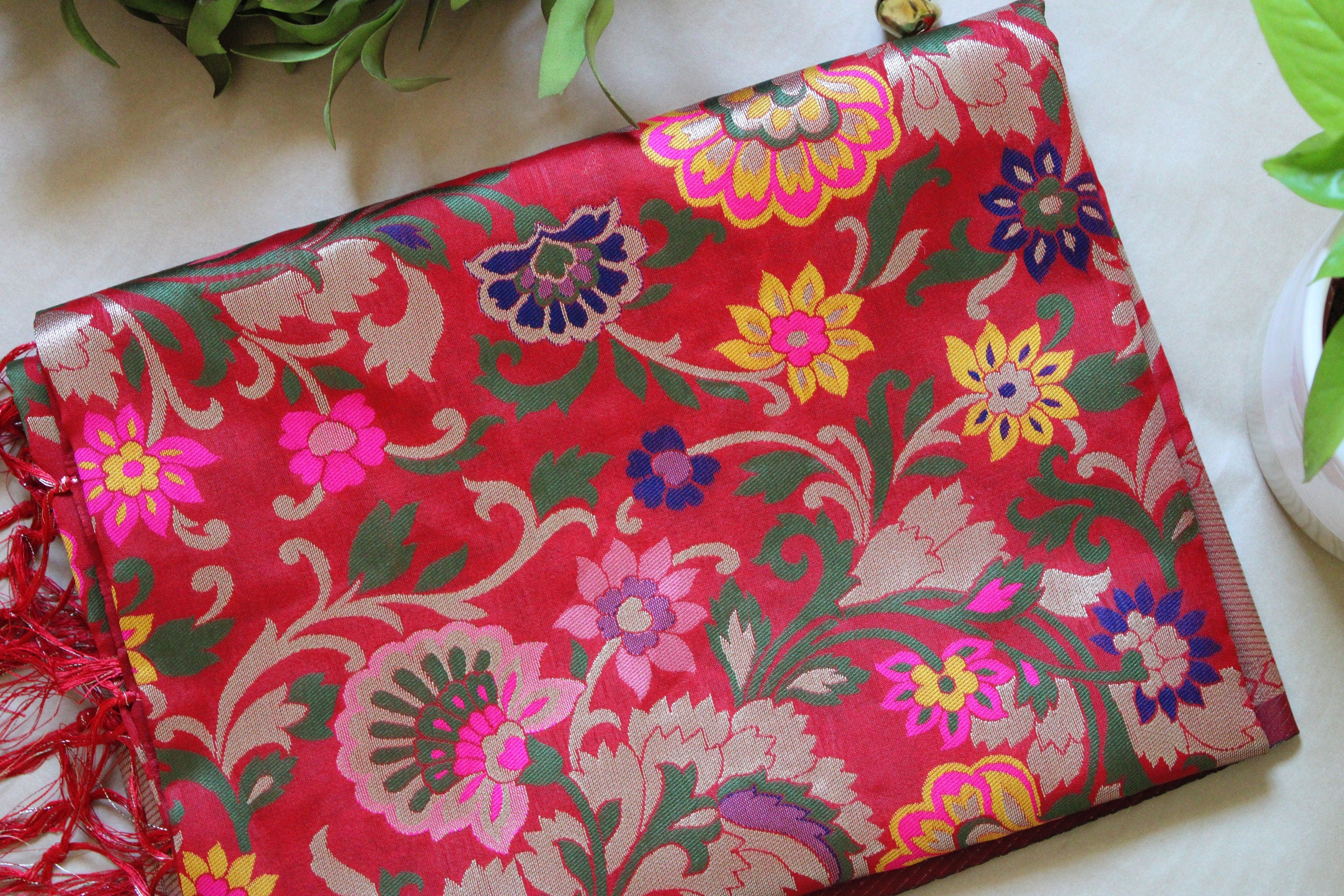 Banarasi Silk Bridal Red Dupatta with Multicolor & Gold Floral Handweaving