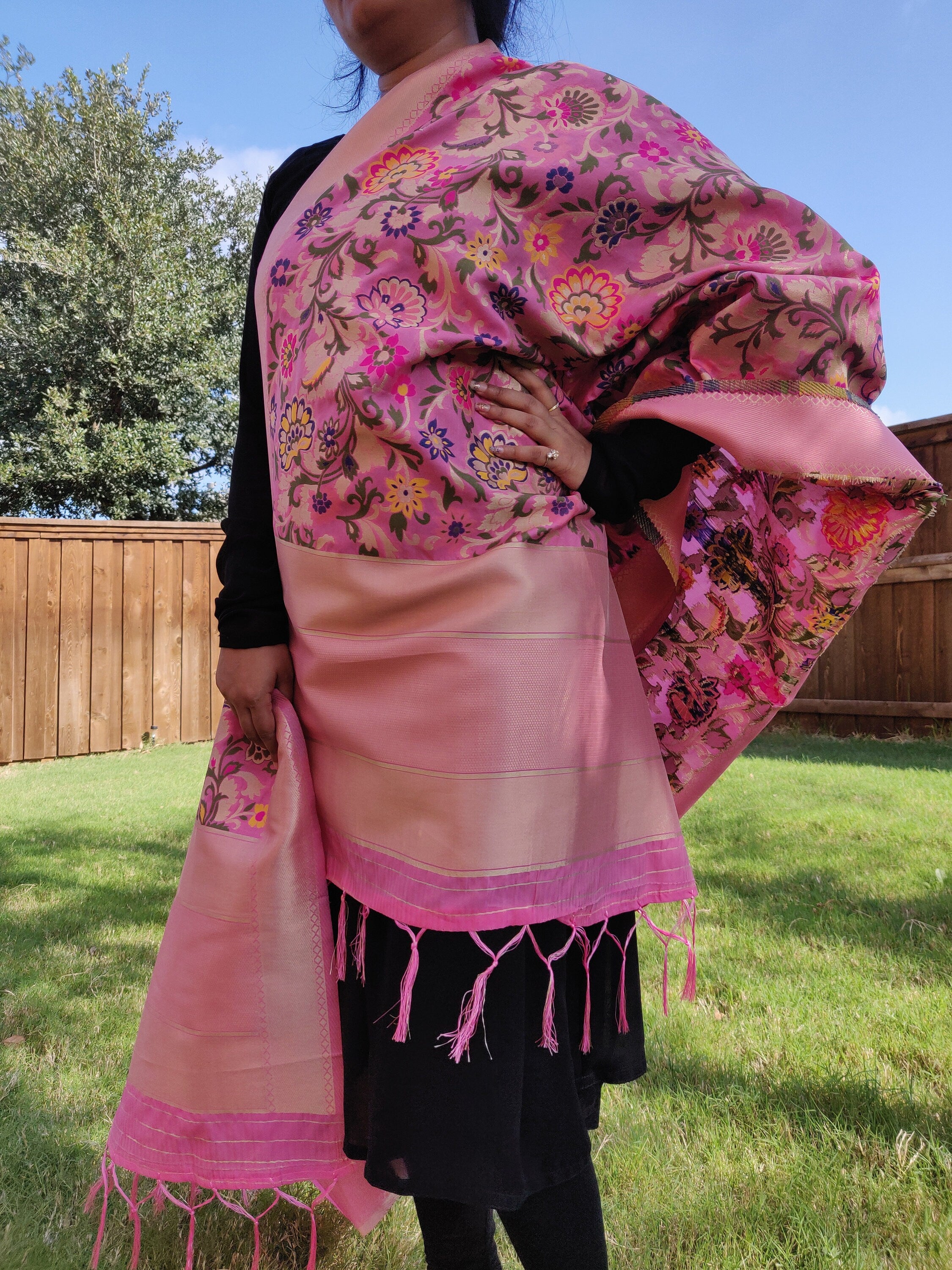 Banarasi Silk vibrant Pink Dupatta, multicolor and gold floral handweaving