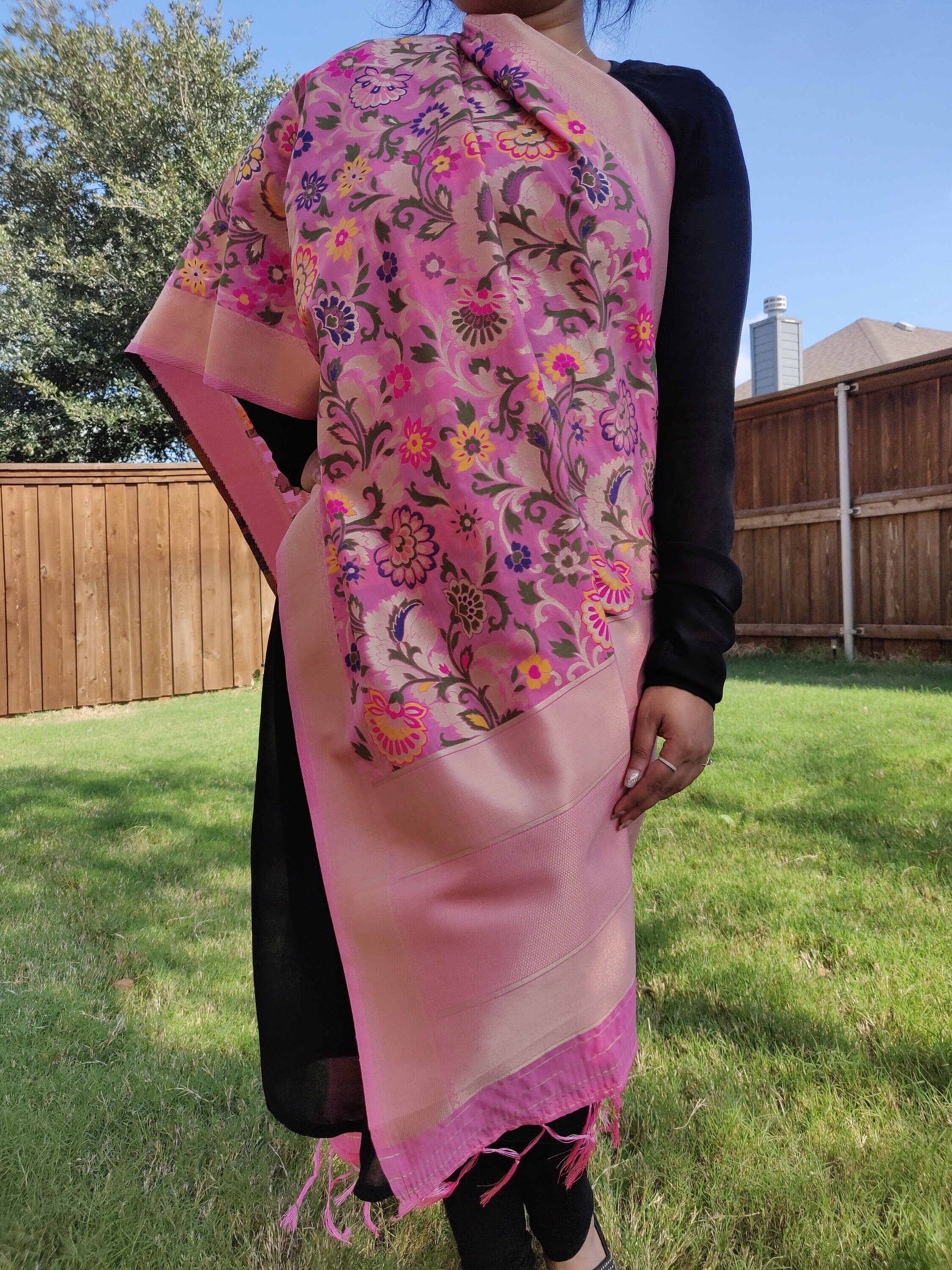 Banarasi Silk vibrant Pink Dupatta, multicolor and gold floral handweaving