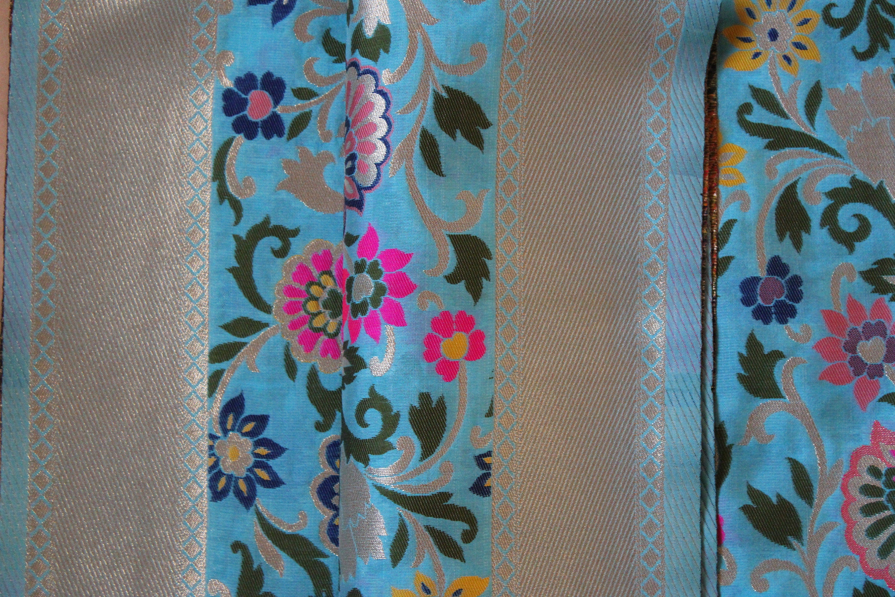 Banarasi Silk Sky Blue Dupatta with multicolor floral handweaving