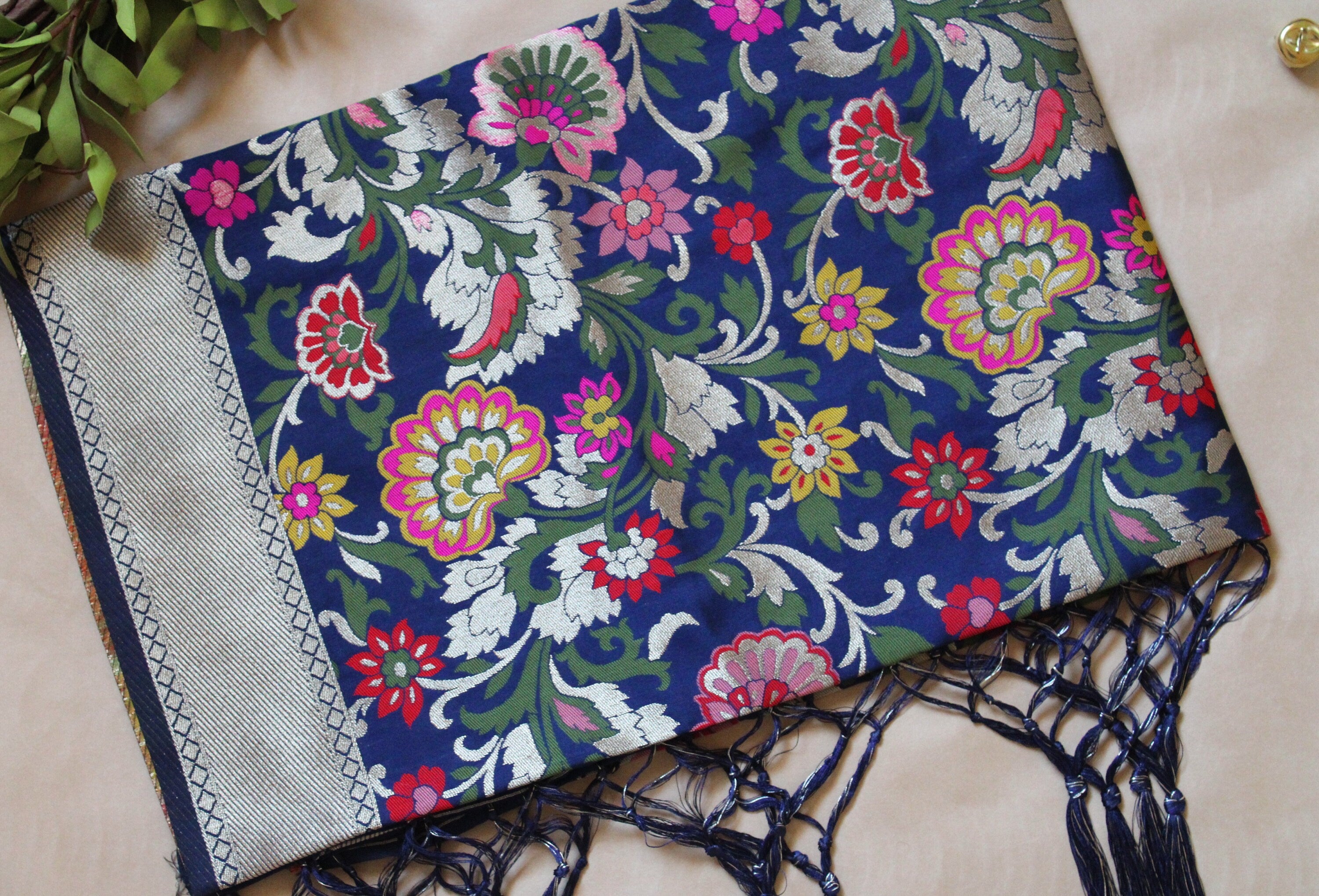 Banarasi Silk Navy Blue Dupatta with multicolor floral handweaving