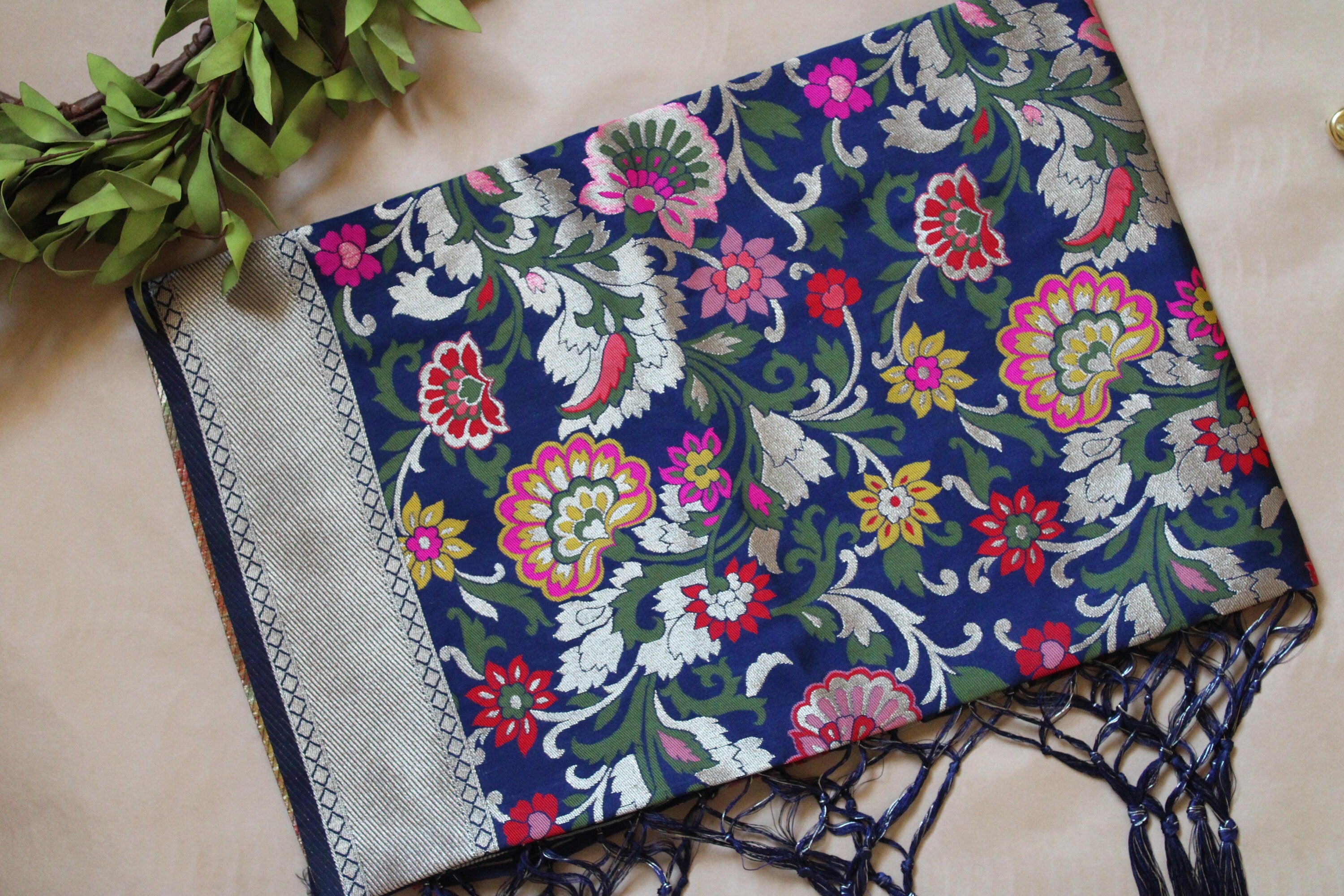 Banarasi Silk Navy Blue Dupatta with multicolor floral handweaving