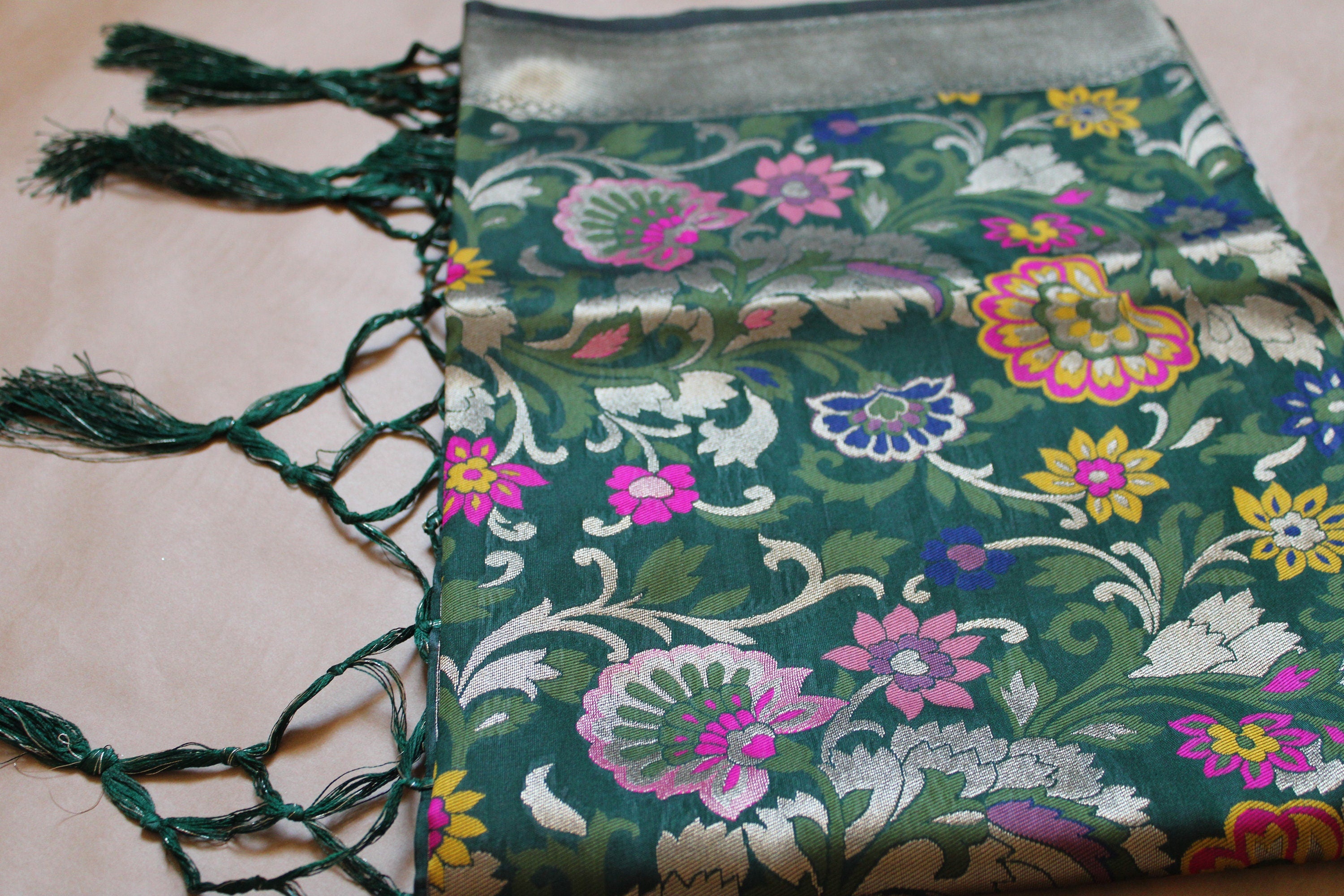 Banarasi Silk Bottle Green Dupatta with Multicolor & Gold Floral Handweaving